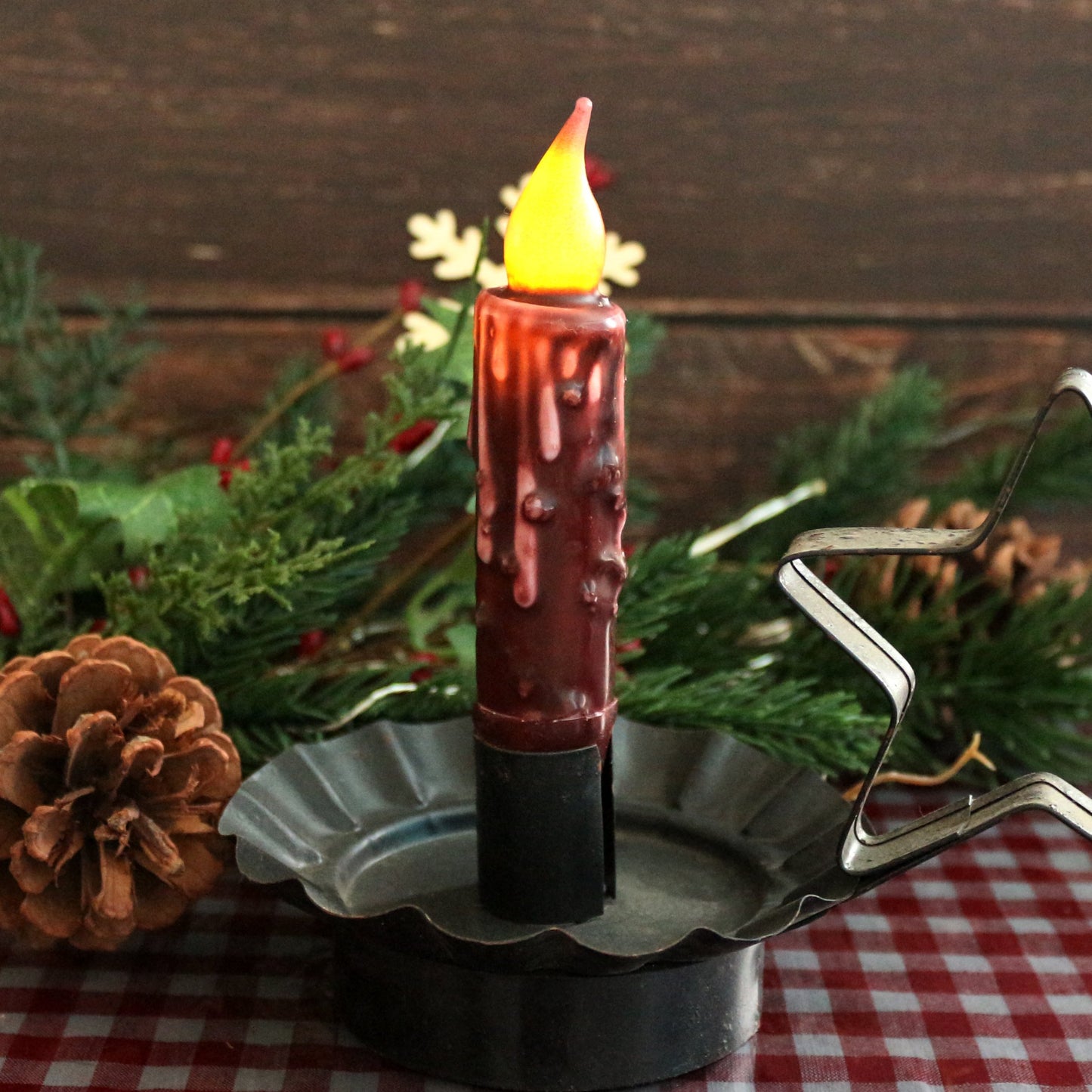 CVHOMEDECO. Real Wax Hand Dipped Battery Operated LED Timer Taper Candles Country Primitive Flameless Lights Décor, 4-3/4 Inch, Burgundy, 3 PCS in a Package