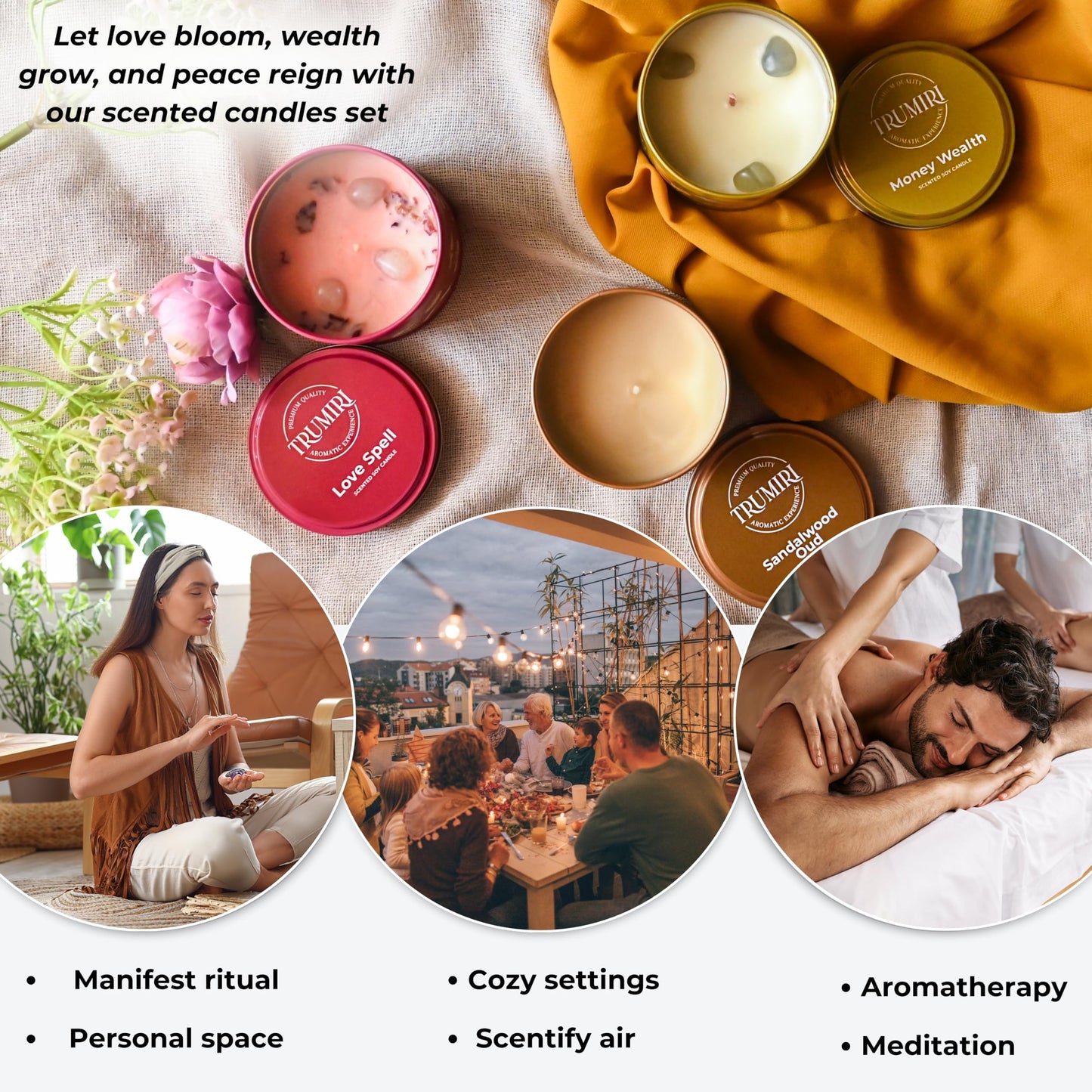 Love Spell, Money Wealth, Sandalwood Oud - Soy Candles Non Toxic - Highly Scented Long Lasting with Essential Oils - Variety Pack of 3 x 5oz - for Home Aromatherapy Meditation Gift Travel