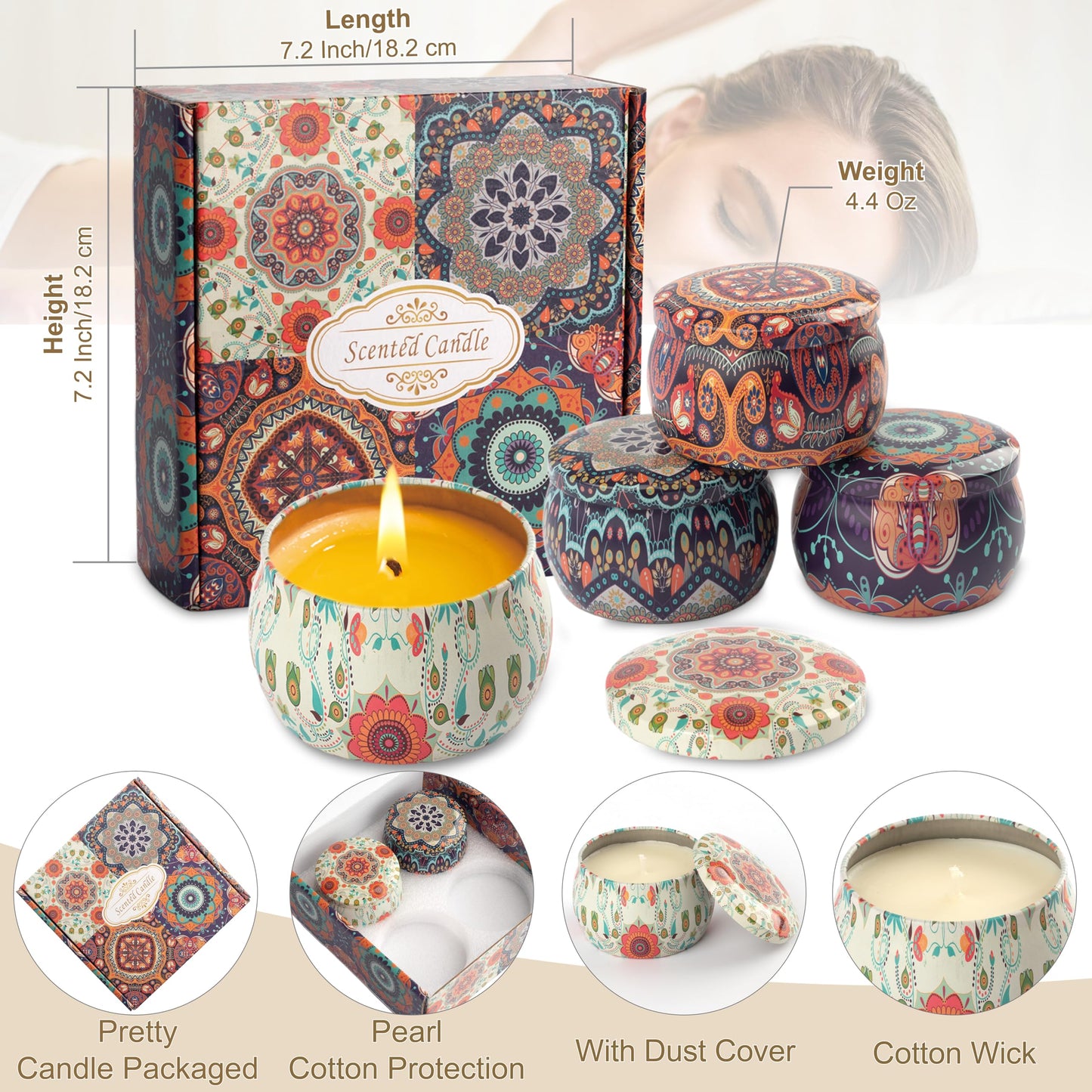 Auralome Scented Candles Gift Set - Women Candle Natural Soy Wax Aromatherapy Candle Stress Relief Small Gifts 120H Burning Candles 4 Pack 4.4 Oz for Home Christmas Birthday Mum Teacher Mothers Day