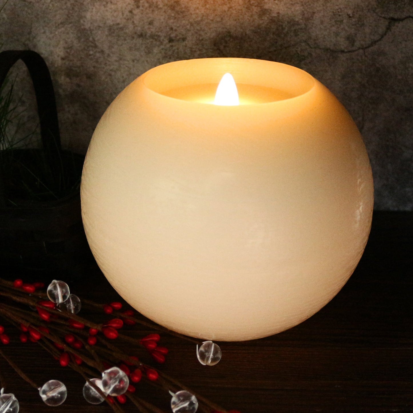CVHOMEDECO. Moon Sphere Wax LED Dancing Flame Candle Ball Battery Operated Wax LED Flameless Candle with Timer and Remote Control, Dia. 6 X H 5 Inch, Cream