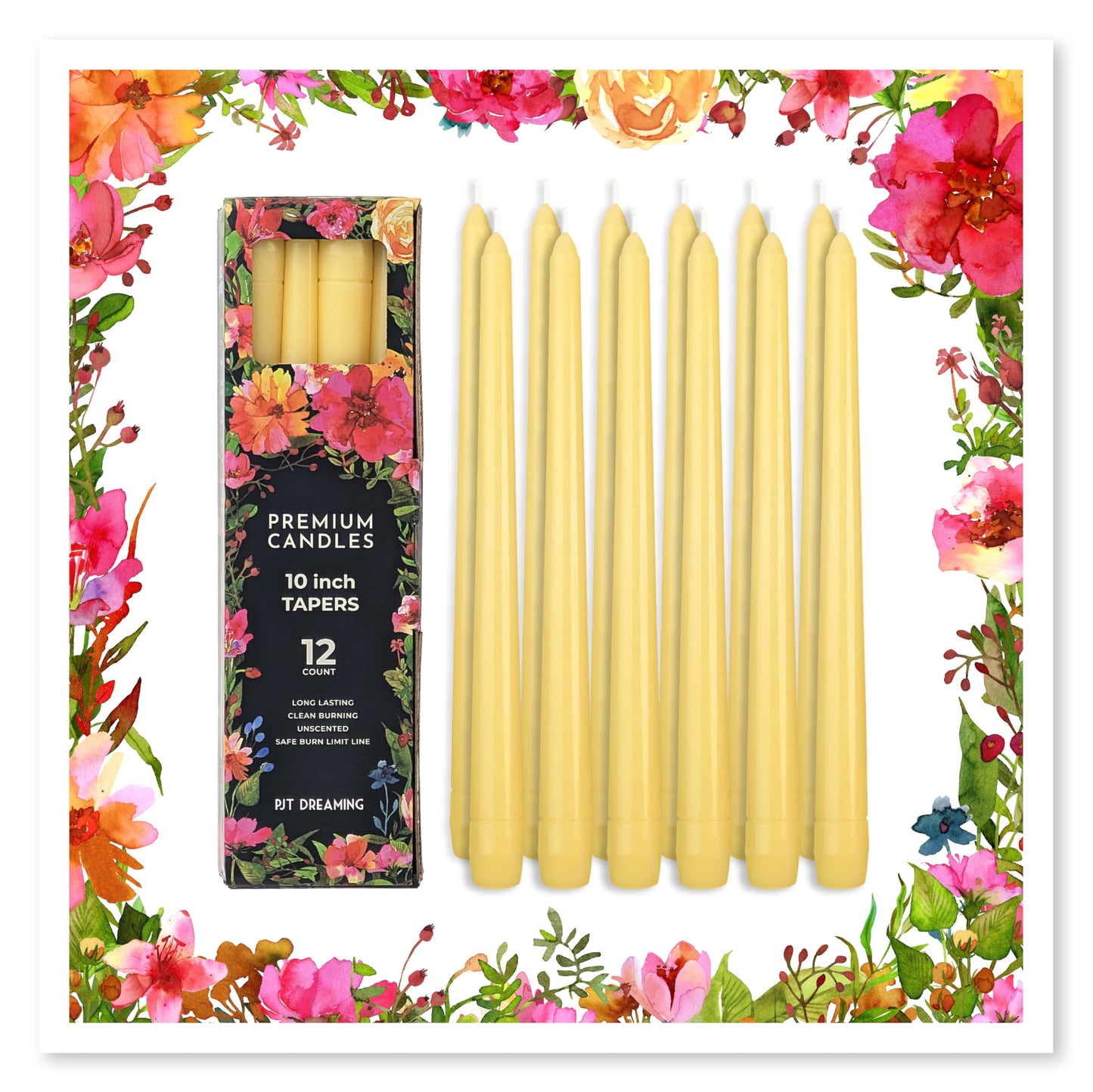 Butter Yellow Taper Candles 10 Inch, 12 Pack - Unscented Dripless Dinner Candles, 7 Hour Burn Time, Premium Solid Wax Candlesticks for Weddings, Parties, Events & Home Decor. Dripless Candlesticks