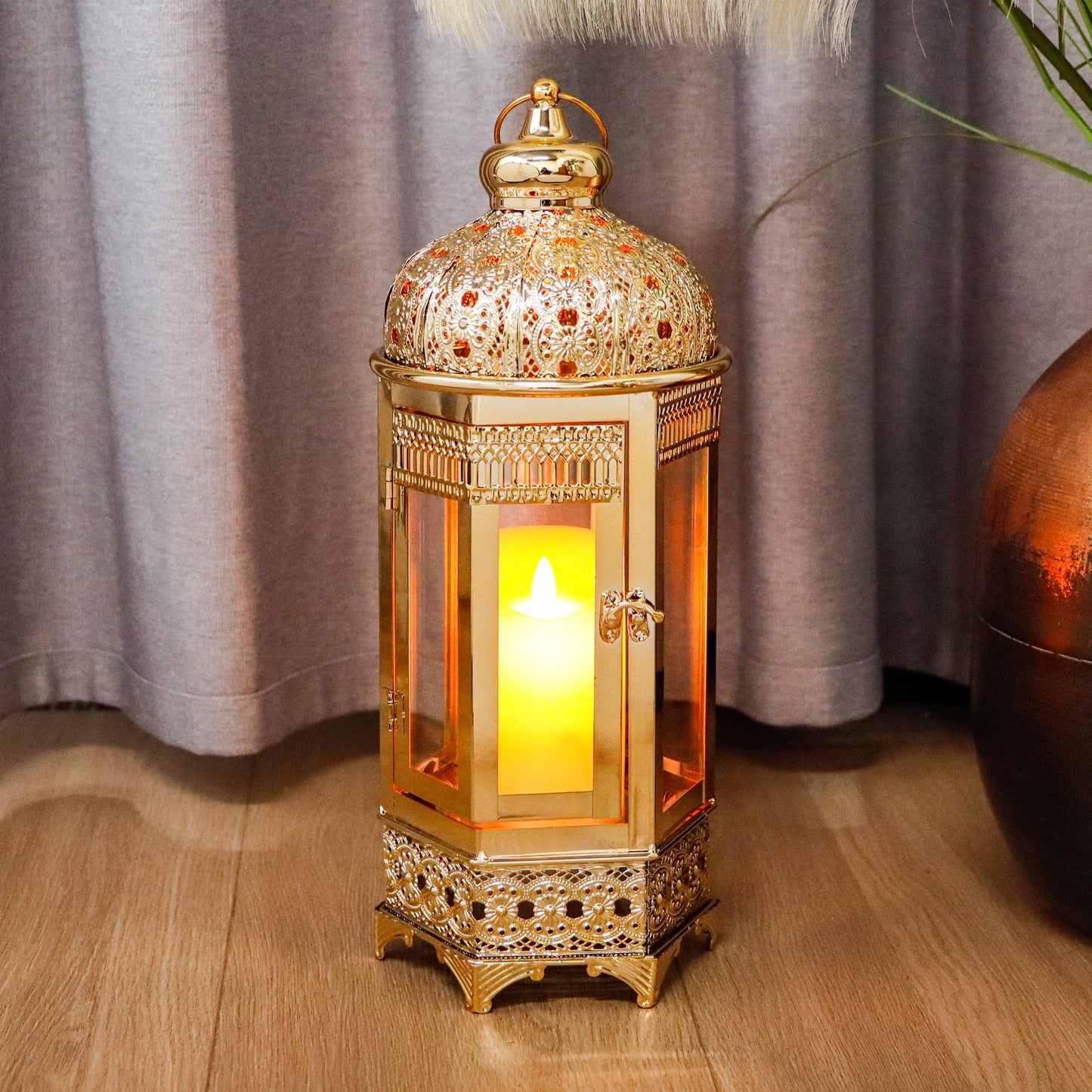 TRIROCKS Moroccan Candle Lantern16'' Gold Hexagonal Candle Holder with Tempered Glass Decorative Indoor Outdoor Ramadan Lantern for Living Room Garden Yard Patio Parties Events (Gold)