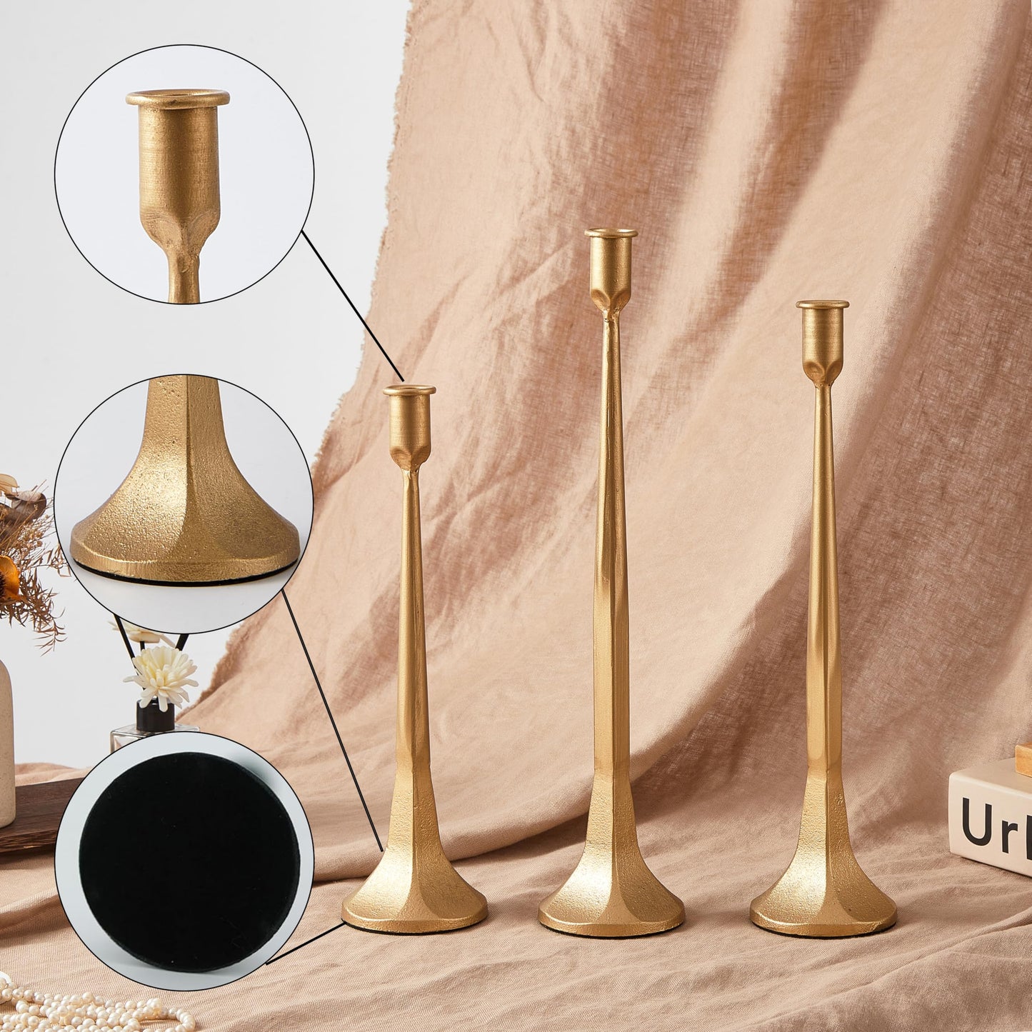 Denique Iron Taper Candle Holder Set of 3, Gold Candlestick Holders Decorative Candle Stand, Tapered Candle Holders Tall Set for Wedding, Dining Table, Home Decoration (Gold)
