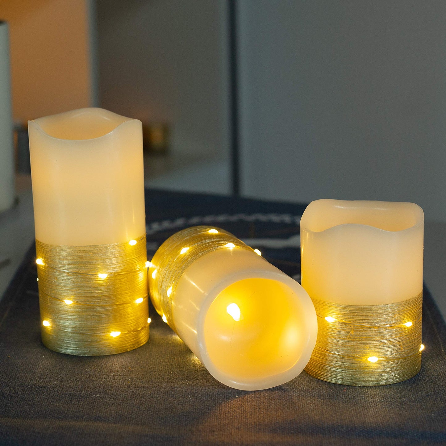 BeMoment Flickering Flameless Candles with Timer, Battery Operated Candle Embedded String Lights, Gold Paint Finish, Ideal for Home Decor, Holidays, and Festivals, 3pcs (D 3" x H 4" 5" 6")
