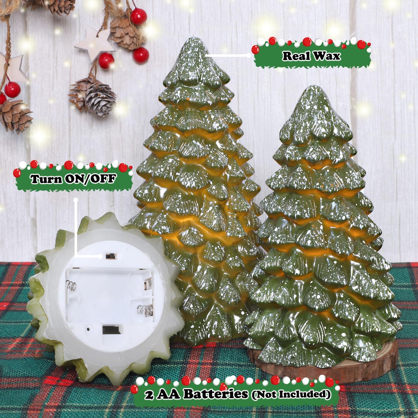 Cafemoon Christmas Tree Flameless Candles with Remote Timer, Real Wax Green LED Pillar Candles, Battery Operated 3D Flickering Flame for Holiday Decor for Mantel