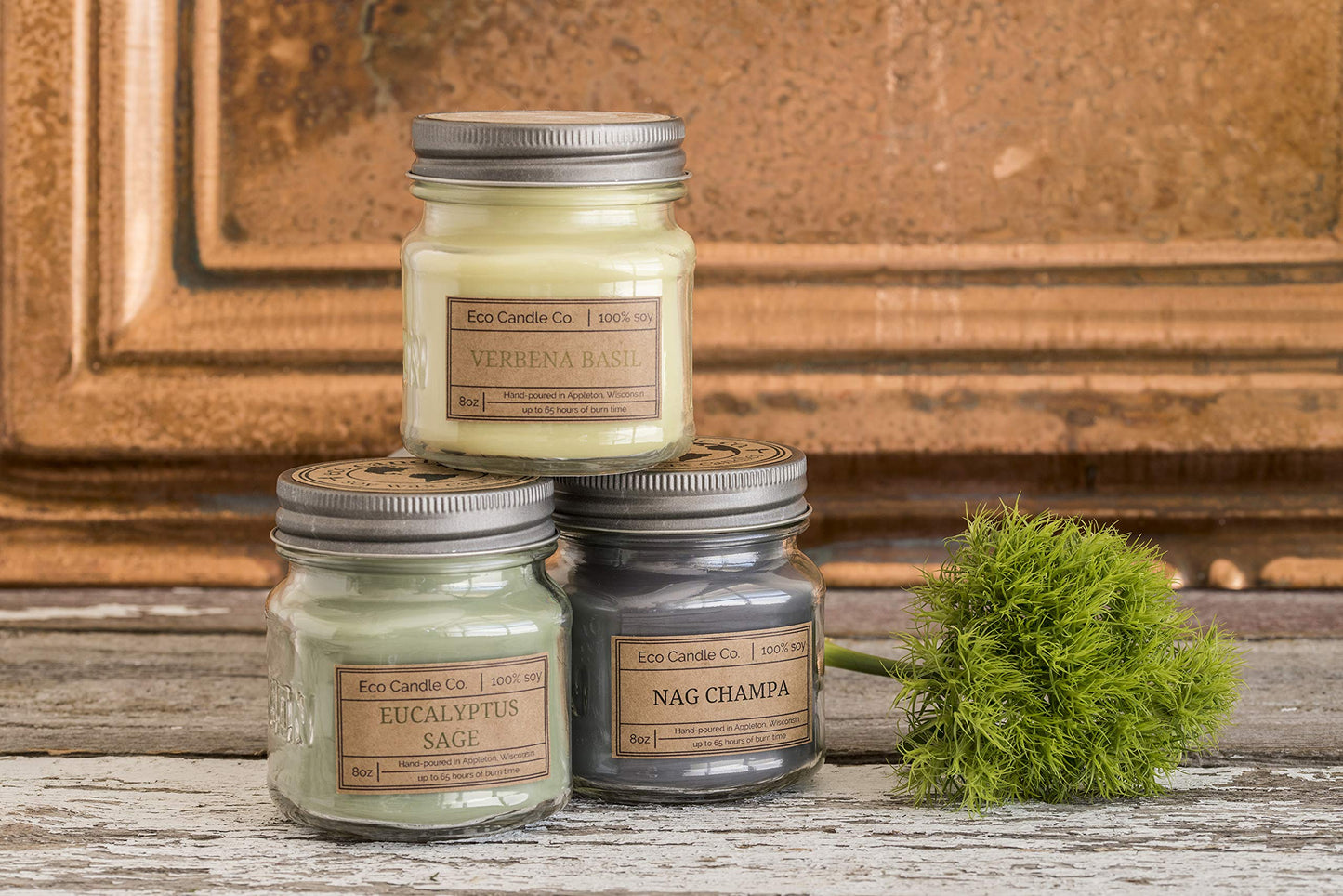 ECO CANDLE CO. Mason Jar Candle, Winter Wonderland, 8 oz. - Scents of Pine, Spruce, & Fir - 100% Soy Wax, No Lead, Kraft Label & Antiqued Pewter Lid, Hand Poured, Made from Midwest Grown Soybeans