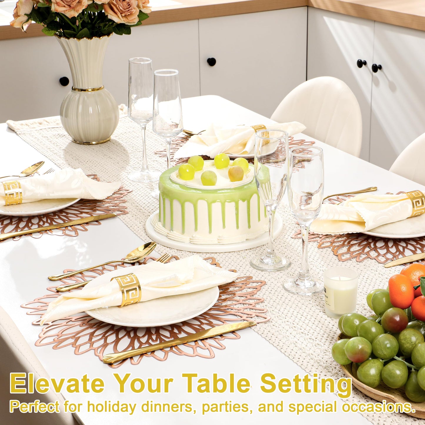 Set of 12 Round Placemats Rose Gold, Heat-Resistant PVC Table Mats with Luxury Metallic Glossy Finish for Thanksgiving Christmas Wedding Party Decor, Easy to Clean