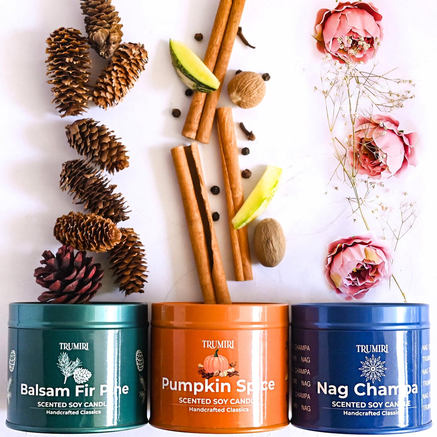 Balsam Fir Pine, Pumpkin Spice, Nag Champa - Soy Candles Non Toxic - Highly Scented Long Lasting with Essential Oils - Variety Pack of 3 x 5oz - for Home Aromatherapy Meditation Gift Travel