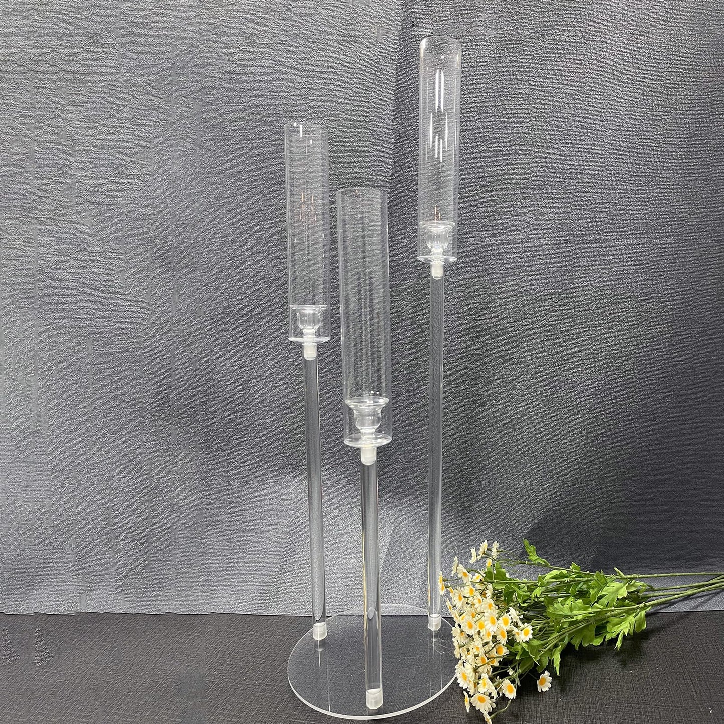 6 Set 3 Arms Acrylic Candelabra Centerpieces for Wedding Table Decorations,30.7" Clear Candlesticks Holder with Acrylic Shade for Valentine's Day Dinner Party Fireplace Decor Fit LED Candle