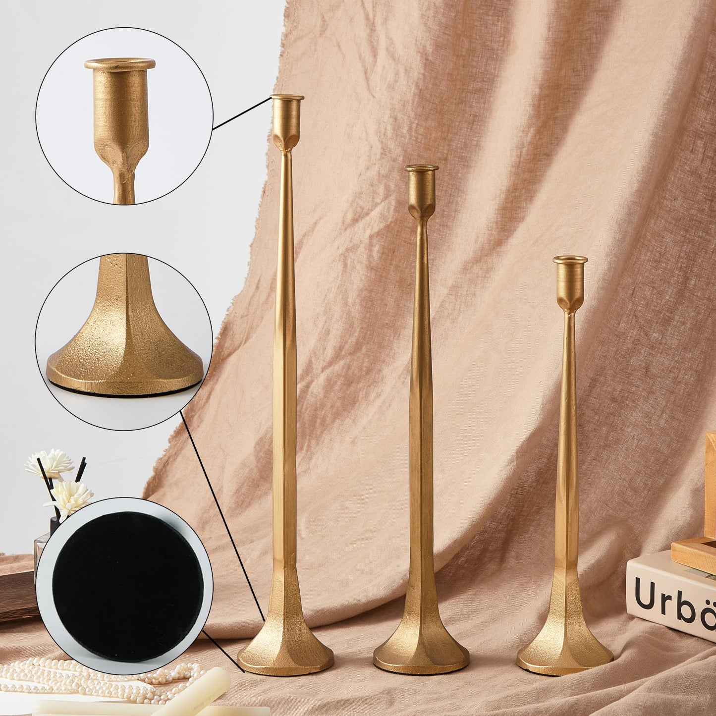 Denique Iron Taper Candle Holder Set of 3, Gold Candlestick Holders 19.3”17” 14” Heightening Decorative Candle Stand Set for Wedding, Dining Table, Home Decoration (Gold)