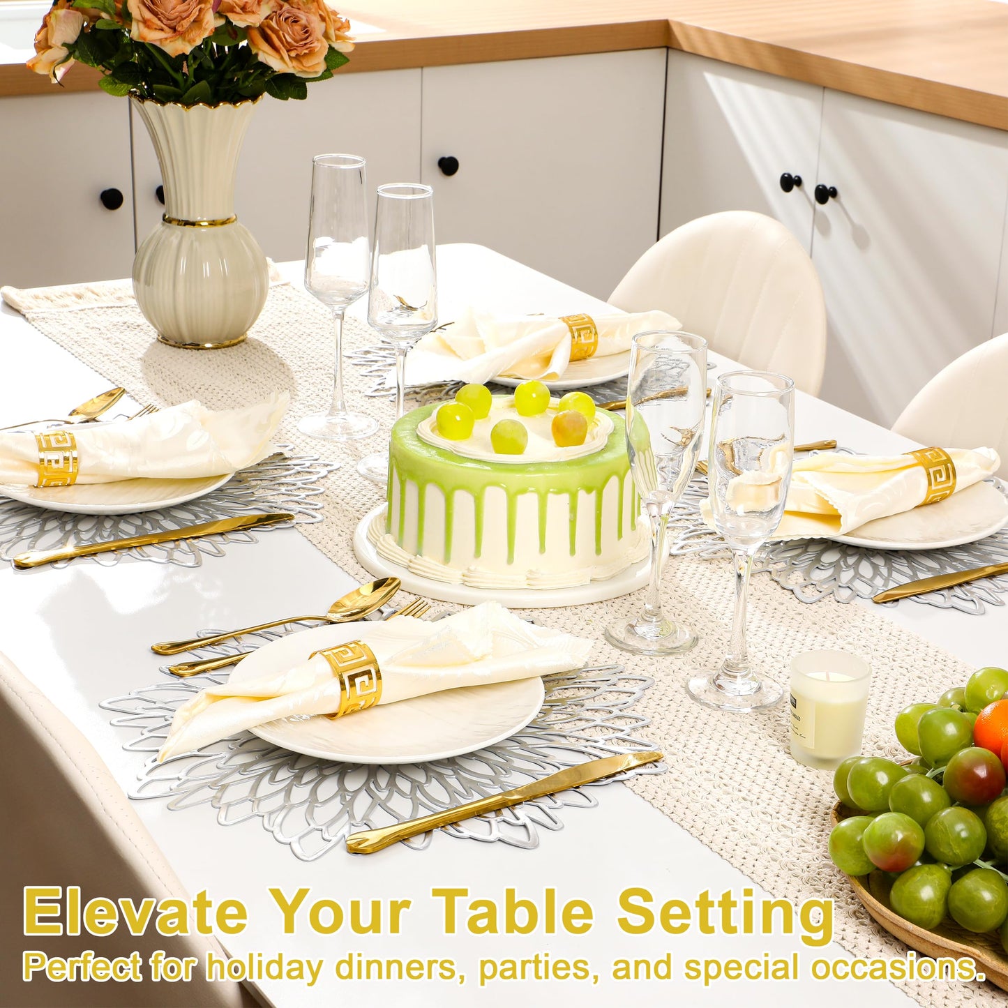 Set of 12 Round Placemats Silver, Heat-Resistant PVC Table Mats with Luxury Metallic Glossy Finish for Thanksgiving Christmas Wedding Party Decor, Easy to Clean