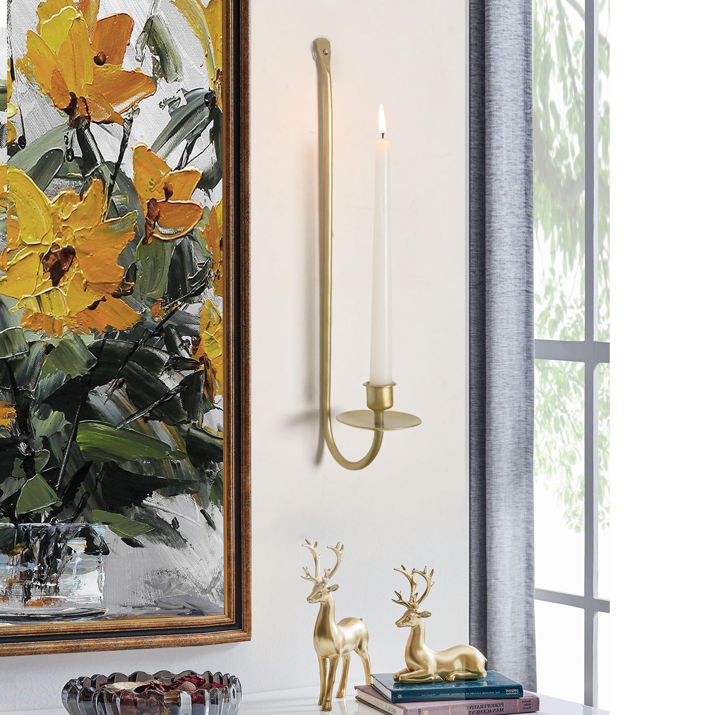 Remenna Wall Candle Holders Set of 2 Handcrafted Wrought Iron Sconces with Gold Finish, Easy to Install Modern Candle Holders for Living Room, Bedroom, Hallway, Wedding or Holiday Decor