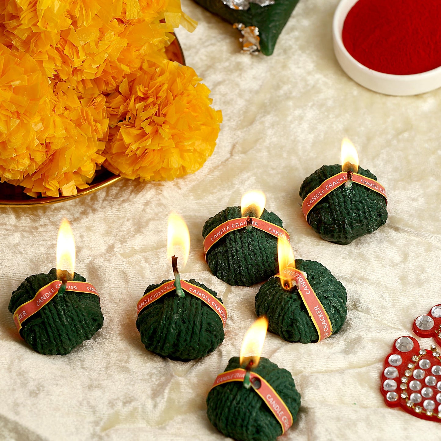PROSPERRO LUMO by Parkash Candles Premium Sutli Cracker Shaped Candle || Hand Poured || Green Sutli Cracker Candles || Decorative Candle 100% Paraffin Wax || Set of 6