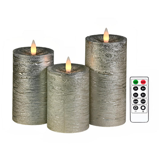 CozierGlow Shiny Metallic Silver Flameless Pillar Candles, Patented 3D Realistic Moving Flickering Flame with Remote Timer, Battery Operated 400hrs for Wedding, Holiday, Party, Decor, Gift(Set of 3)