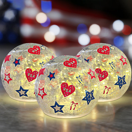 3PCS Independence Day Decorative Lights, 3.93-inch Independence Day Desktop Decoration LED Night Light, Cracked Glass Ball Light with Timer, 4th of July Decoration (Love)