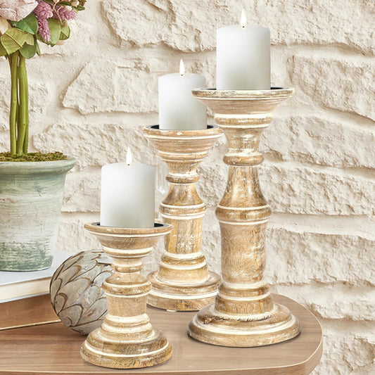 Candle Holder Stand Wooden, Pillar Candle Holders, Unity Candle Holders, Rounded Turned Colums, Country Style Ideal for Gift, Wedding, Christmas, Party, Home,Spa - 10,8,6 Inch- Set of 3, White Wash