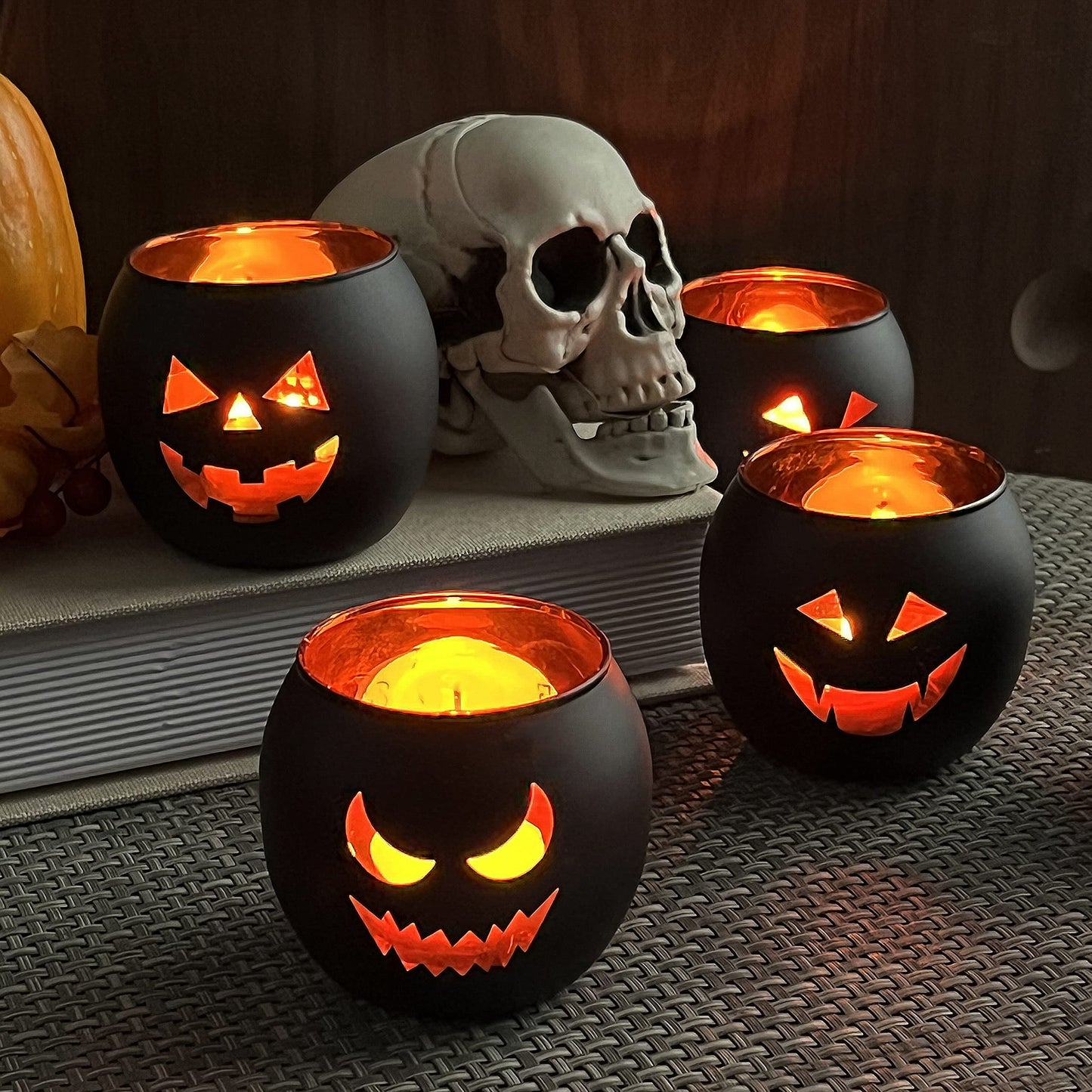 SHMILMH Halloween Table Centerpiece Candle Holders Set of 12, Black and Gold Glass Votive Holder with 6 Grimace, Tealight Holders Bulk for Halloween Party D?or
