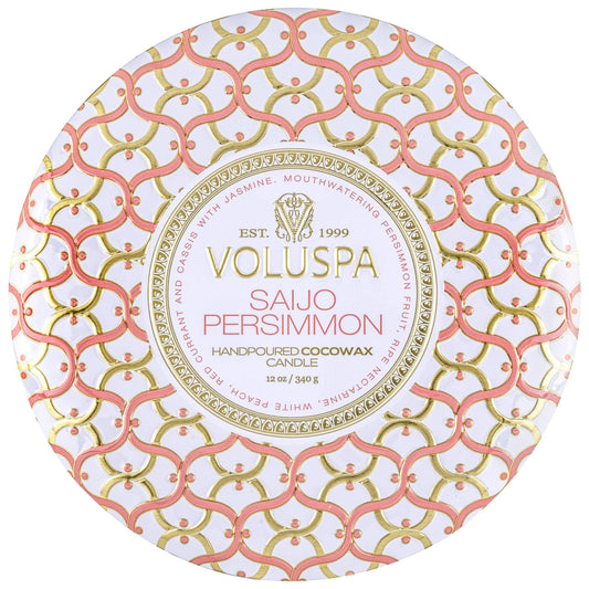 Voluspa Saijo Persimmon, 3 Wick Tin Candle, 12oz, 40 Hour Burn Time, Coconut Wax Candle for The Home, Poured in The USA