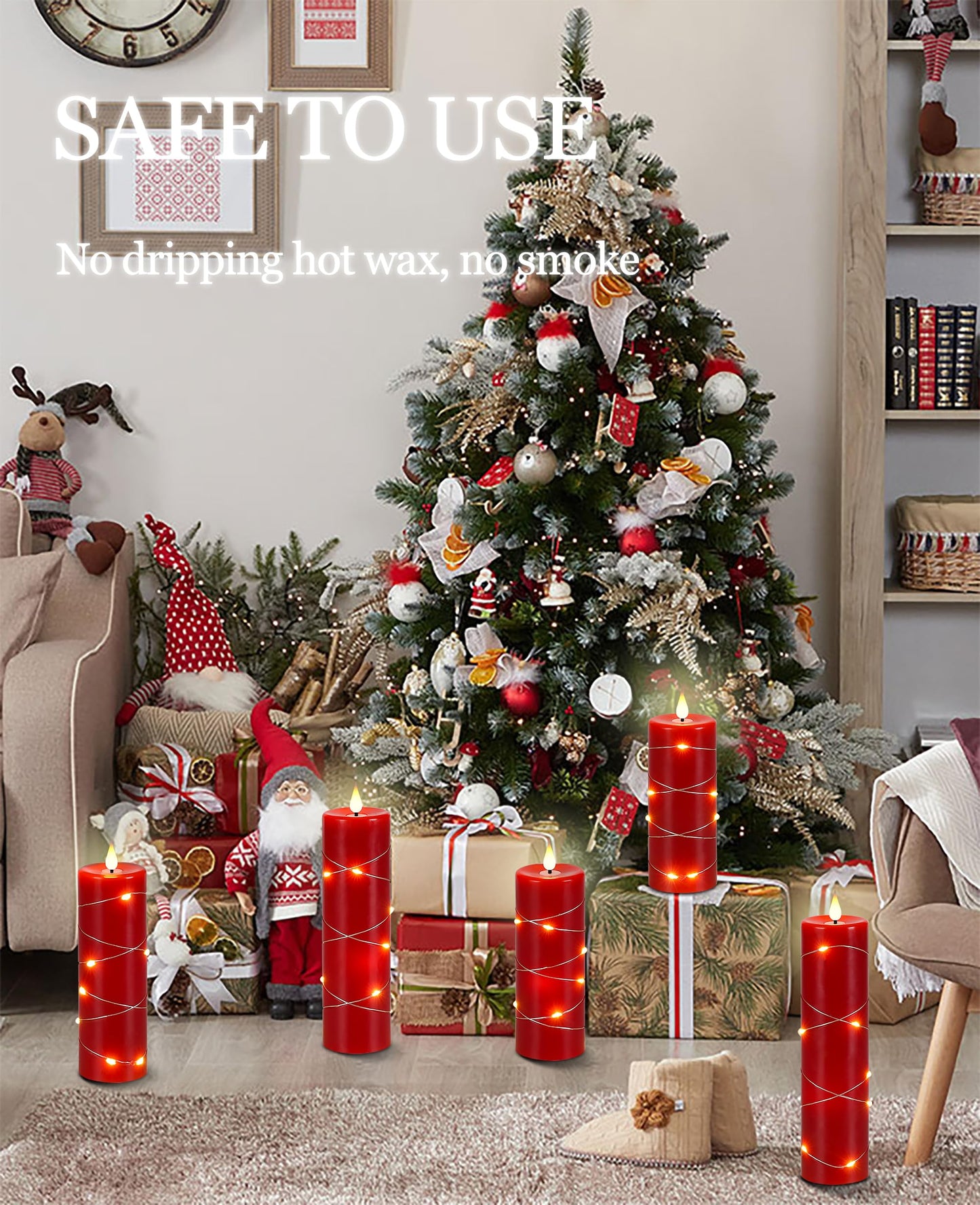 Kiexung Red Flameless Candle Fairy String Light, Water Drop Flame, Advanced LED Flame Simulation with Remote and Timed Candles, 5-Cell Battery Powered，Christmas Candle