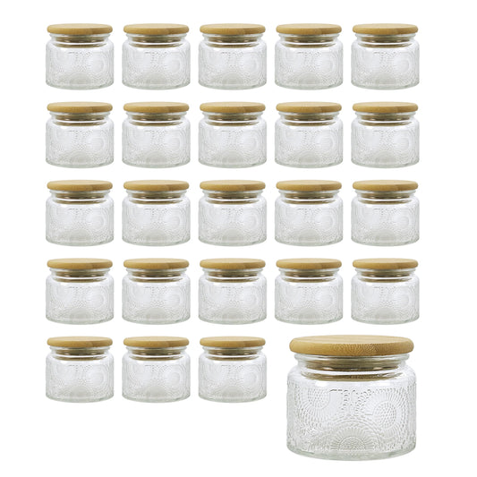 LINGSHINE 4 oz Mini Glass Jars with Airtight Bamboo Lids 24 pack, Decorative Small Food Storage Canister, Vintage Embossed Home Décor Candle Parties Wedding Baby Shower Favors Gift