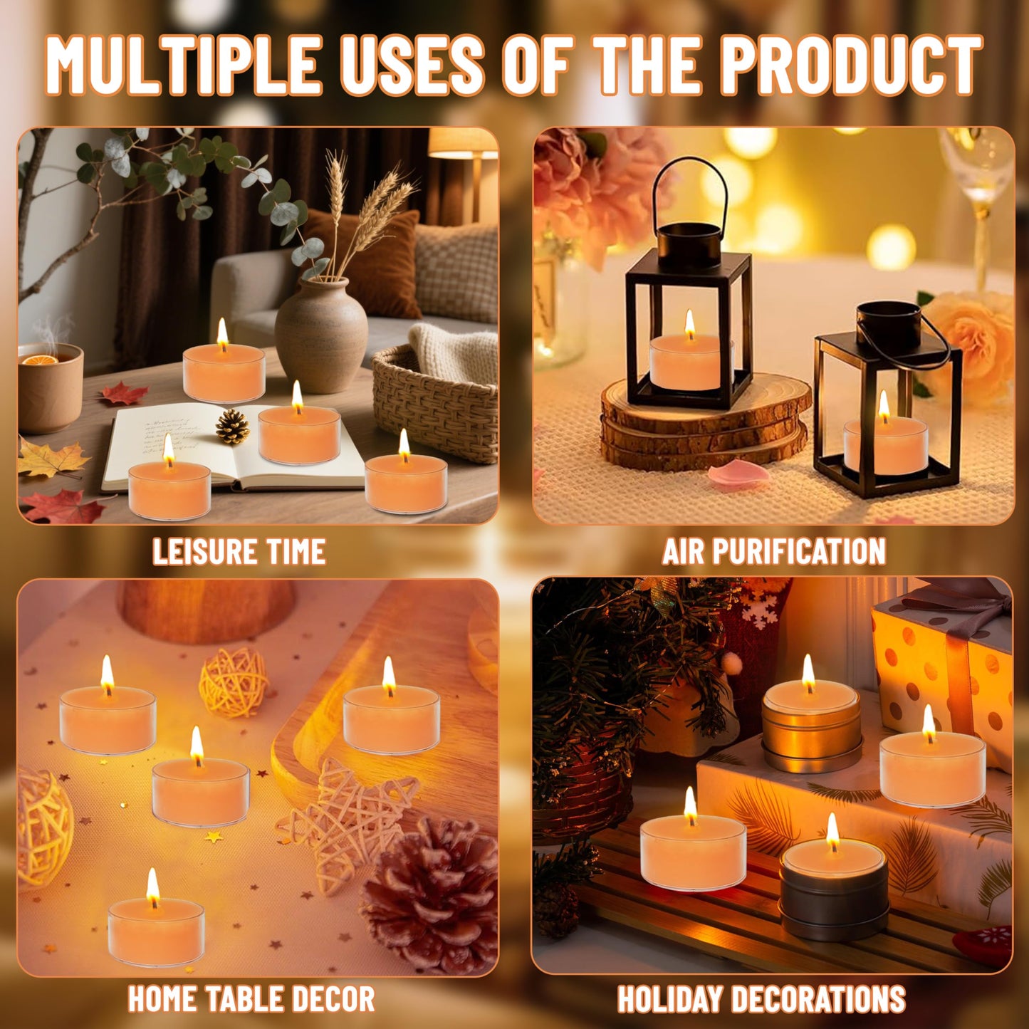 Orange Scented Tea Lights - Handmade Small Round Candles in Transparent Cups, Clean Burning Smokeless 4-Hour Burn, Perfect for Fall Decor, Thanksgiving & Cozy Evenings