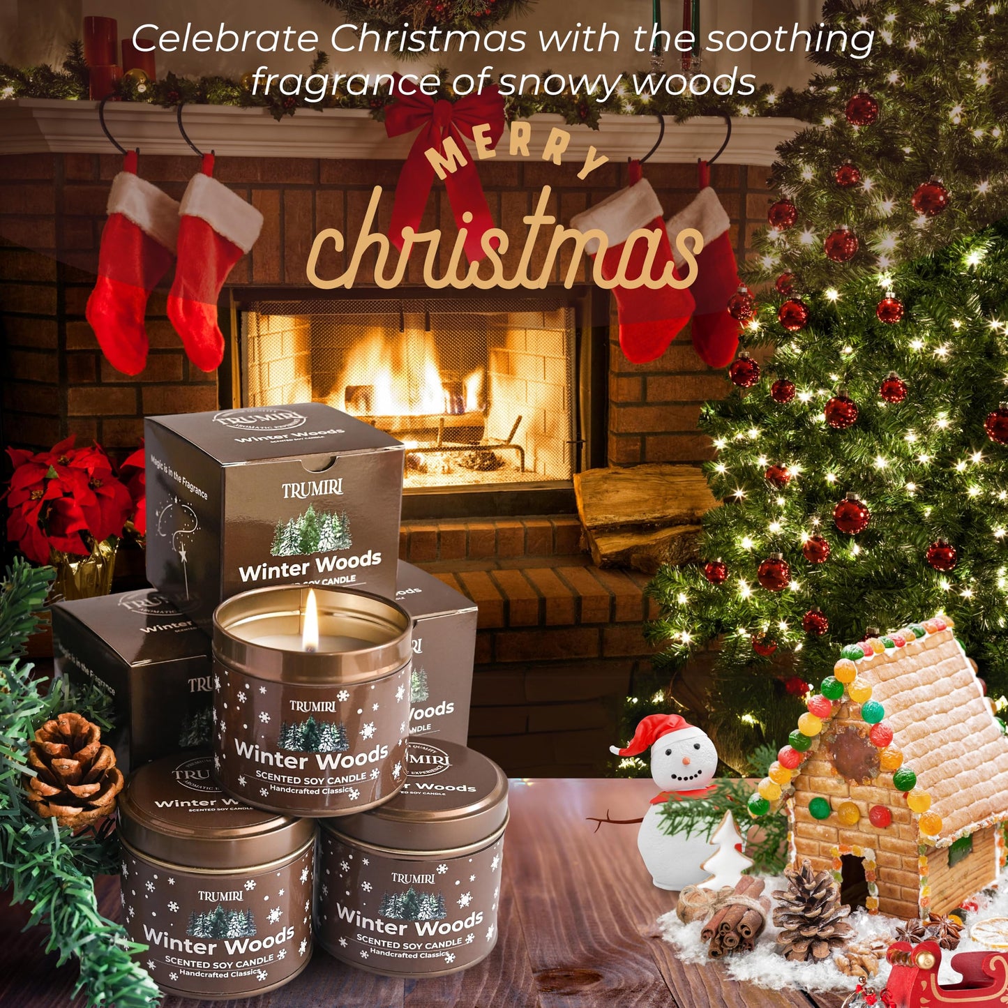 Winter Woods - Soy Candles for Home Scented - for Fall Christmas Holidays - Pack of 3 x 5oz Natural Clean Non Toxic - Long Lasting Highly Scented Pet Safe - Velas Aromáticas para el Hogar Pine Candel