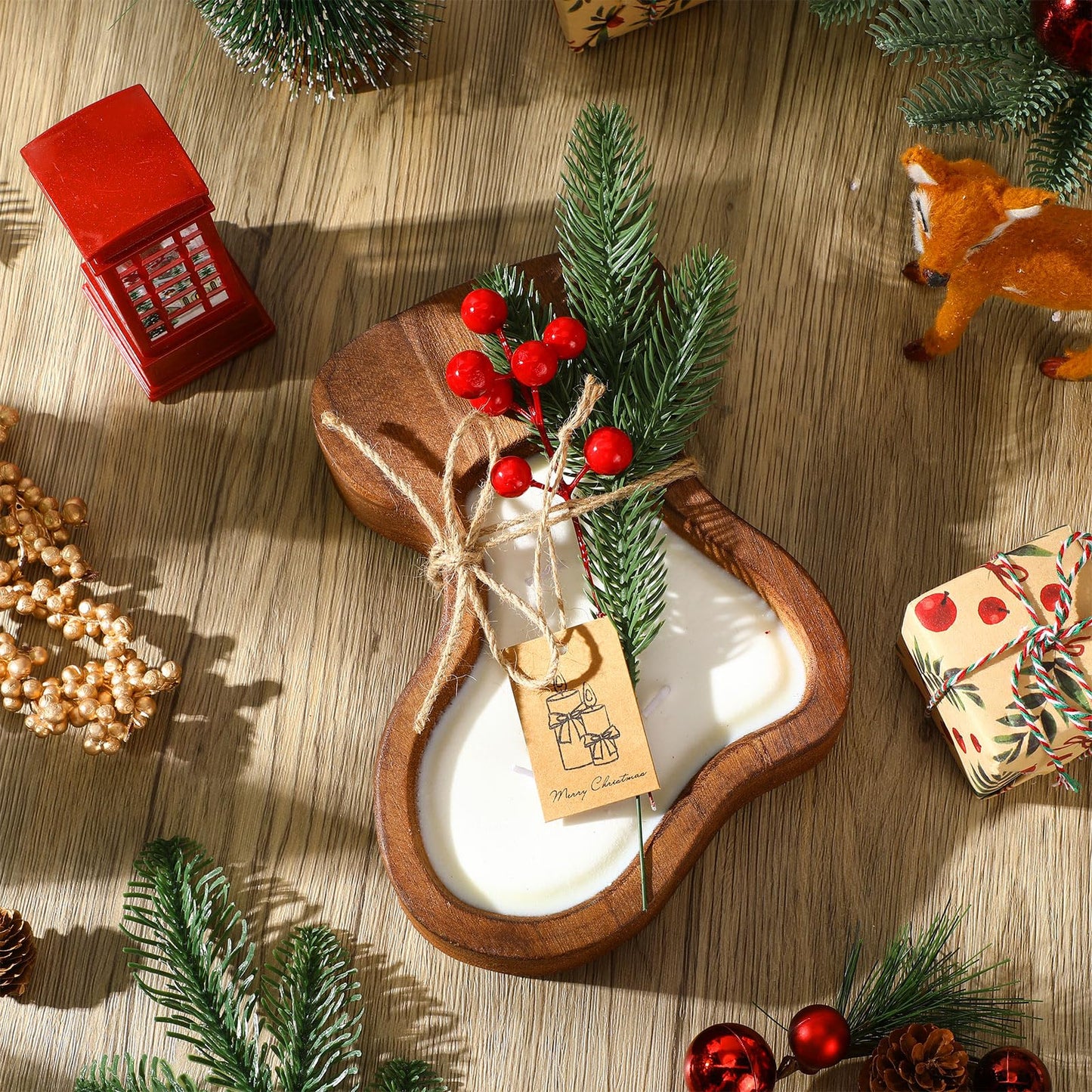 MTLEE Christmas Wooden Candle Bowl Wood Dough Bowl 3 Wick Rustic Xmas DIY Scented Candles Gifts Decoration with Berries Pine Label for Dining Farmhouse Table Centerpiece(Christmas Stockings)