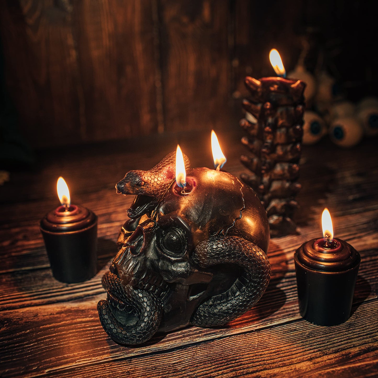 Skull & Spine Candles 4 Pack - Skeleton Snake, Spine & Black Bones Candle, Skulls, Magic Skulls Candlestick Spooky Gothic Emo Decor, Home & Bar Decoration, Large Creepy Skeletons Decorations
