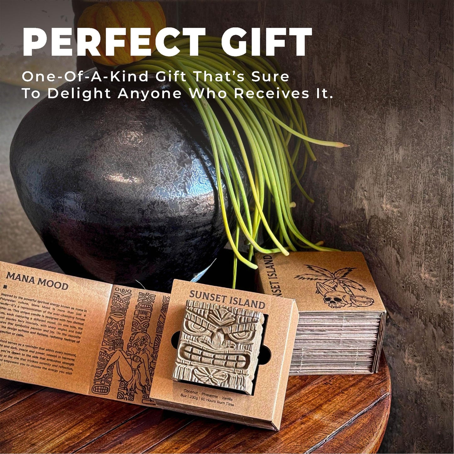 Mana Mood Sunset Island Scented Candles, Coconut & Pineapple, 9oz Large Wood Wick Candle, Soy Wax Table Torch, 60 Hours of Burn Time, Ideal Holiday Gifts for Men and Women, Perfect Summer Fragrance.