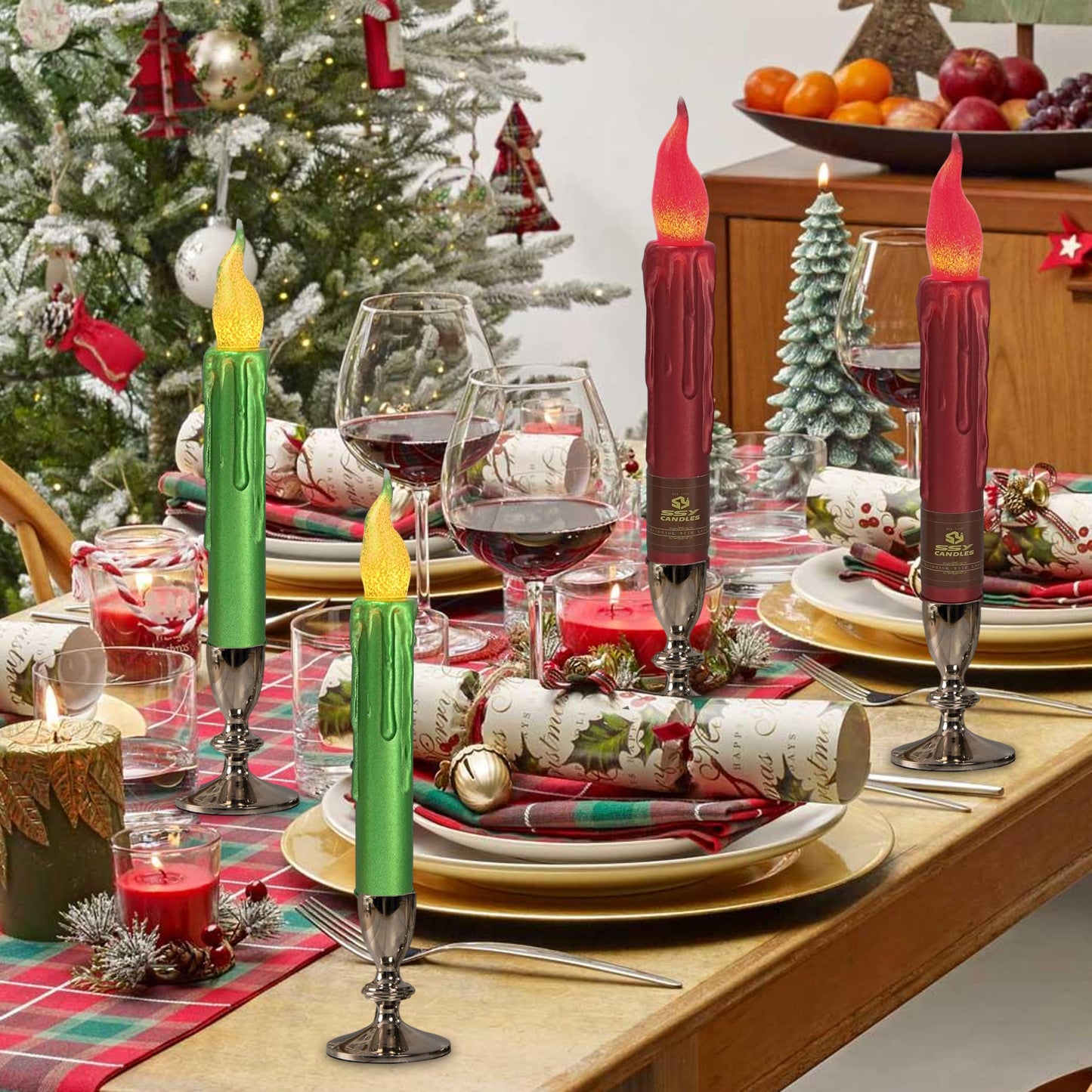 FCMSHAMD Christmas Metallic Red Green Flameless Short Taper Candles, Hand Dipped LED Battery Operated with Remote, Flickering Flame Lights for Home Décor, 6.7 Inch Primitive Flameless Candles, 4PCS