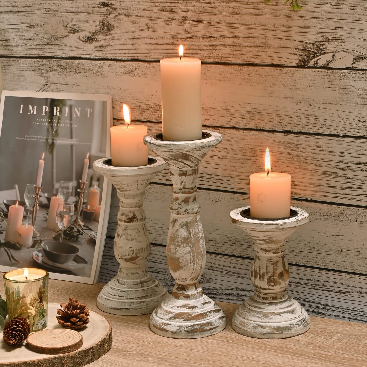 Yorkmills Pillar Candle Holder Set of 3, Farmhouse Decor Living Room Tall Candle Holders for Pillar Candles, Wood Candle Holders for Table Centerpieces White Home Decor Kitchen Dining Room Table Decor