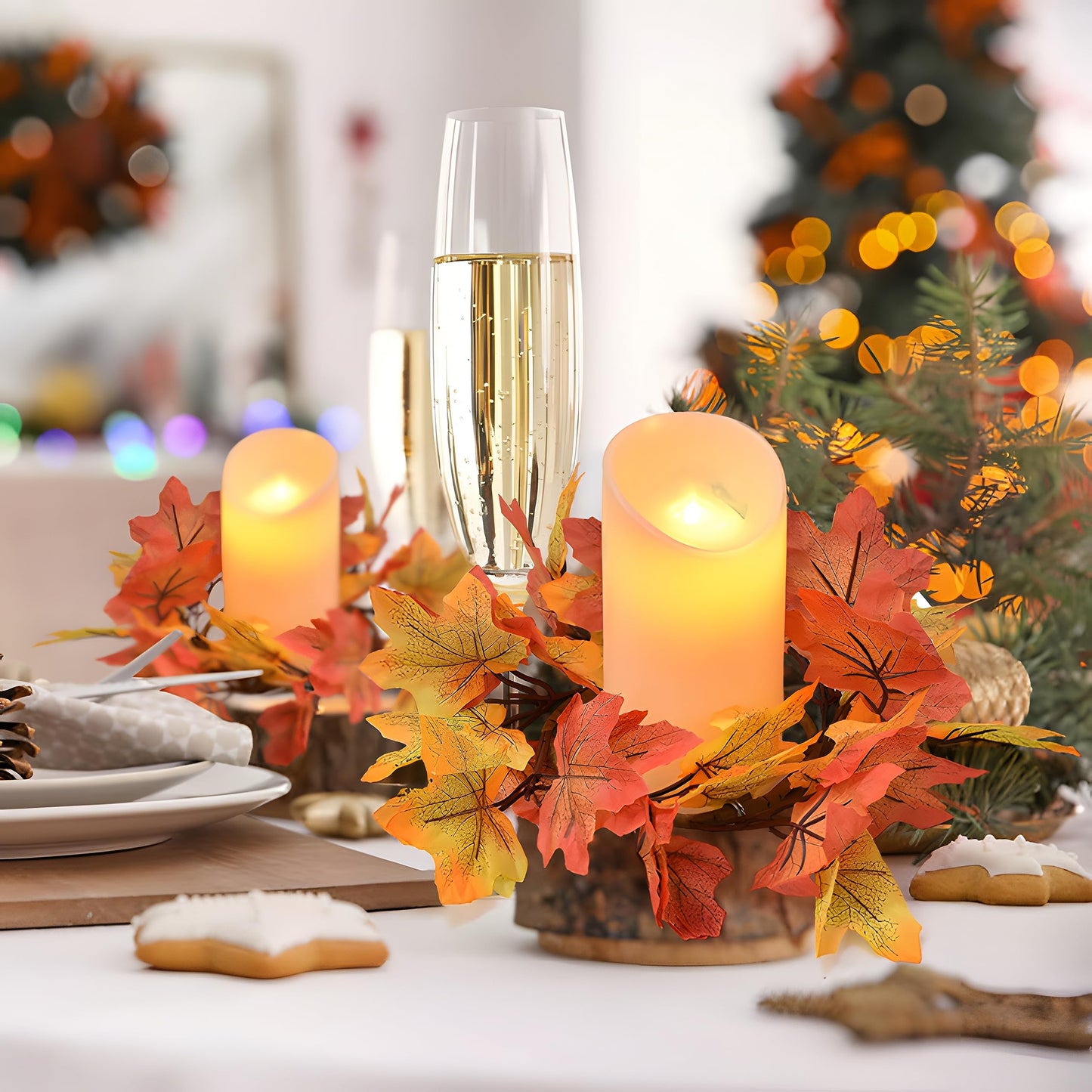 IWNTWY 6Pcs Fall Candle Rings Wreaths, Artificial Maple Leaf Candle Ring for Pillar Candle Holder, Thanksgiving Halloween Home Party Table Centerpieces, Door, Wall, Window Decor (Yellow)
