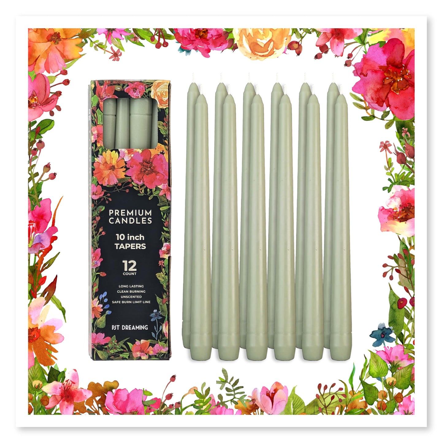 Jade Green Candles 10 Inch Tapers, 12 Pack - Unscented Dripless Dinner Candles, 7 Hour Burn Time, Premium Solid Wax Candlesticks for Weddings, Parties, Events & Home Decor.