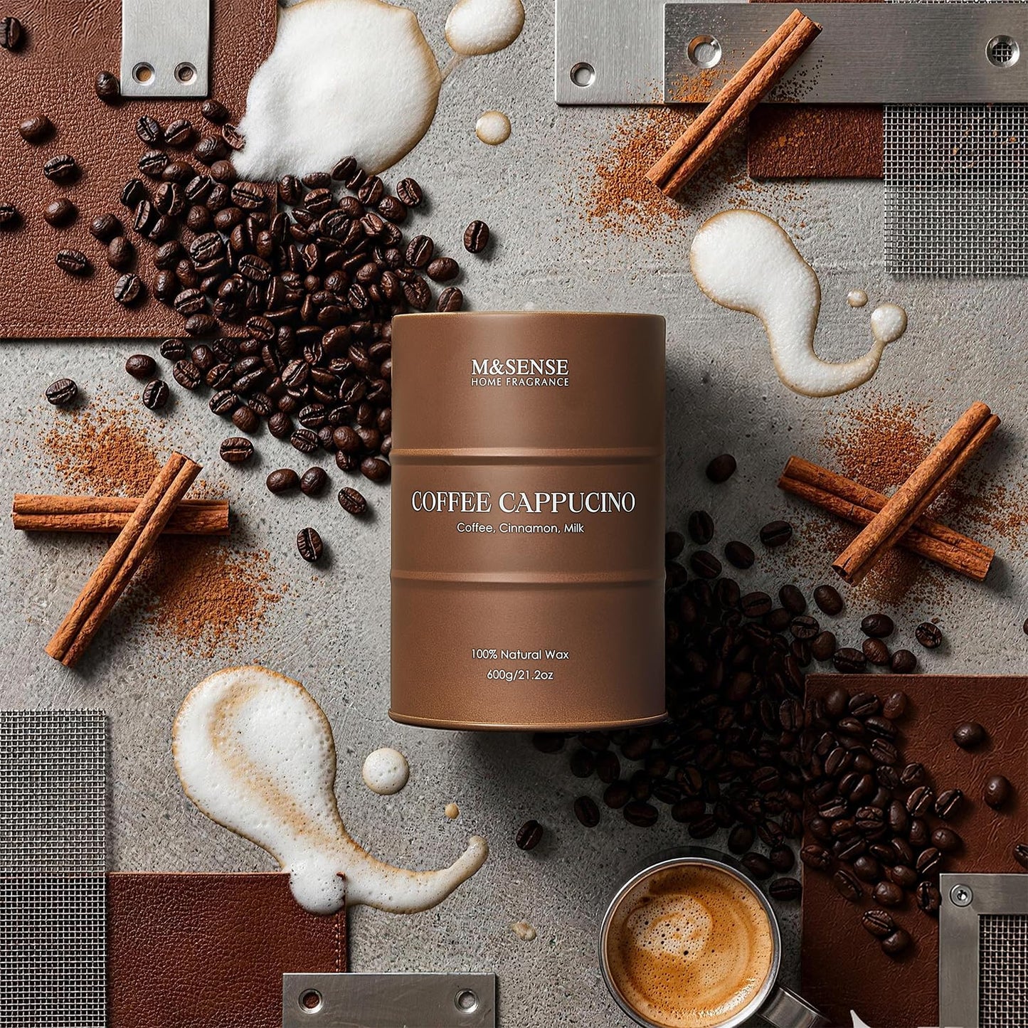 M&SENSE Coffee Cappuccino Large Scented Candles Christmas Decor, Hoilday Soy Wax Christmas Candle 21.2oz 120 Hours, Coffee Aroma Candle Unique Housewarming Appreciation Gifts