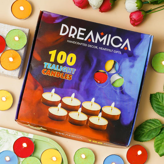 Dreamica Multicolor Tealight Candles Pack of 100 – Smokeless Long Burning Wax Tea Light for Home Décor, Diwali, Puja, Parties & Weddings – Unscented Round Tealight Candle Set