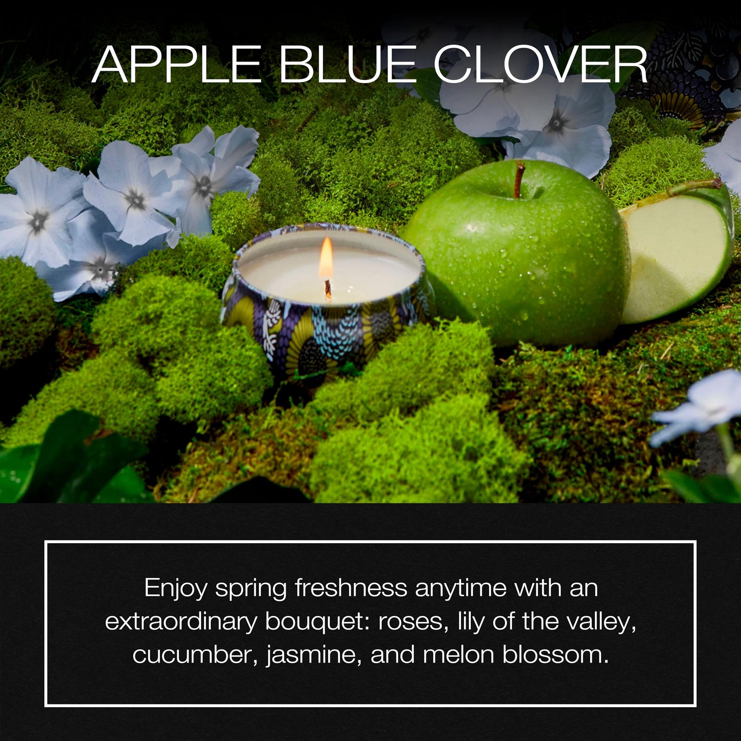 Voluspa Apple Blue Clover, Mini Tin Candle, 4 oz, 25 Hour Burn Time, Coconut Wax for Clean Burning, Handcrafted in the USA