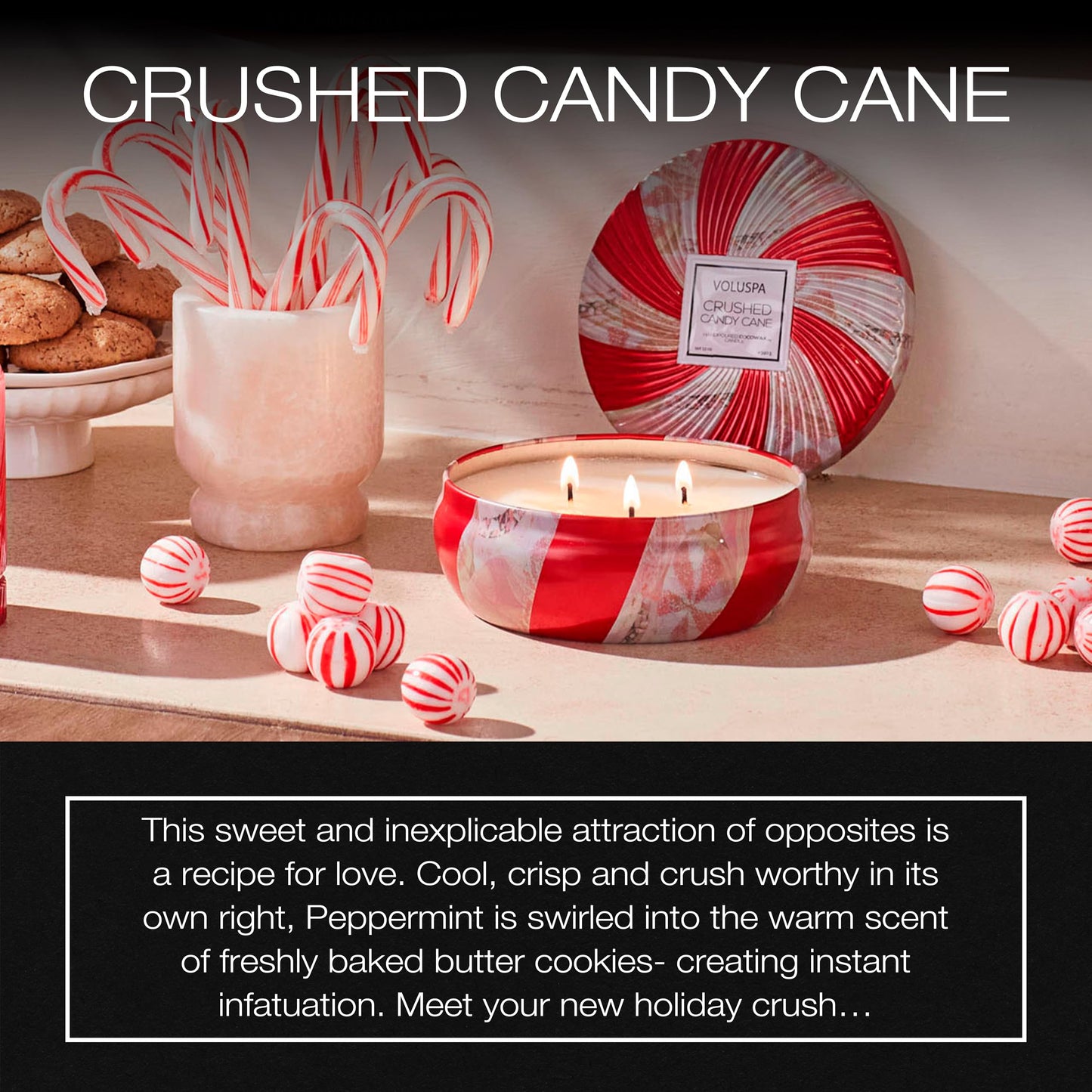 Voluspa Crushed Candy Cane, 3 Wick Tin Candle, 12 oz, 40 Hour Burn Time, Coconut Wax for Clean Burning, Handcrafted in the USA