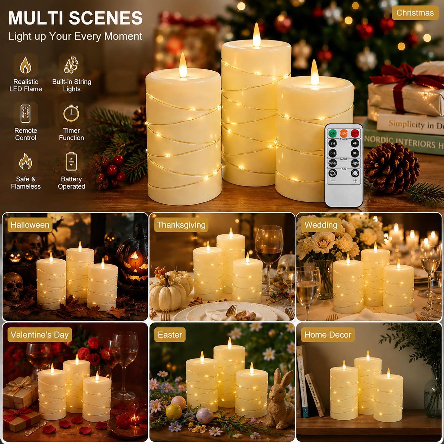 Flickering flameless candles, battery-powered, with string lights, remote control and timer functions, LED pillar candles (3-piece set) in ivory, suitable for home, party, and other decorations