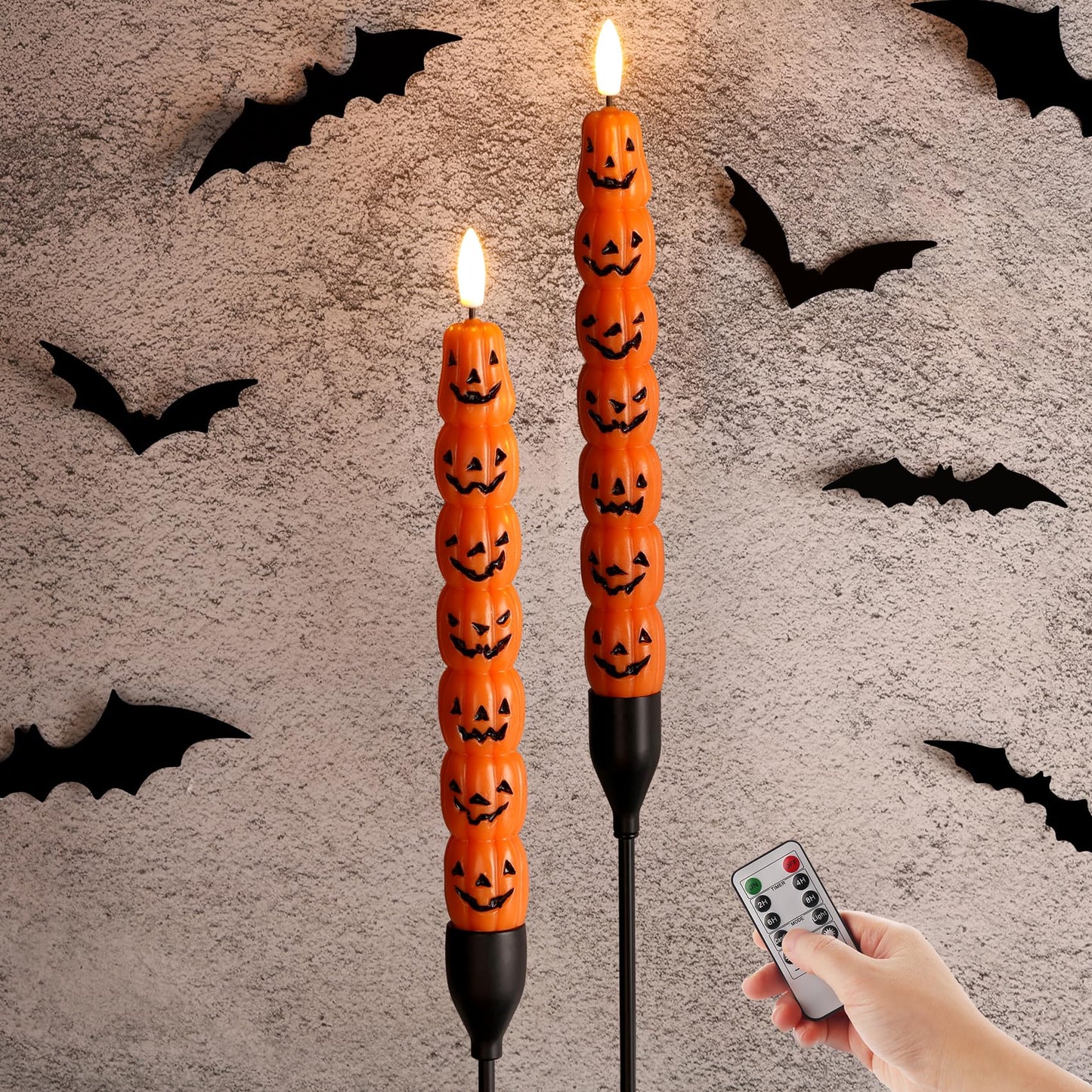 Girimax Orange Pumpkin Halloween Flameless Taper Candles with Remote, Flickering Spooky LED Wax Candlesticks Battery Operated, Set of 2