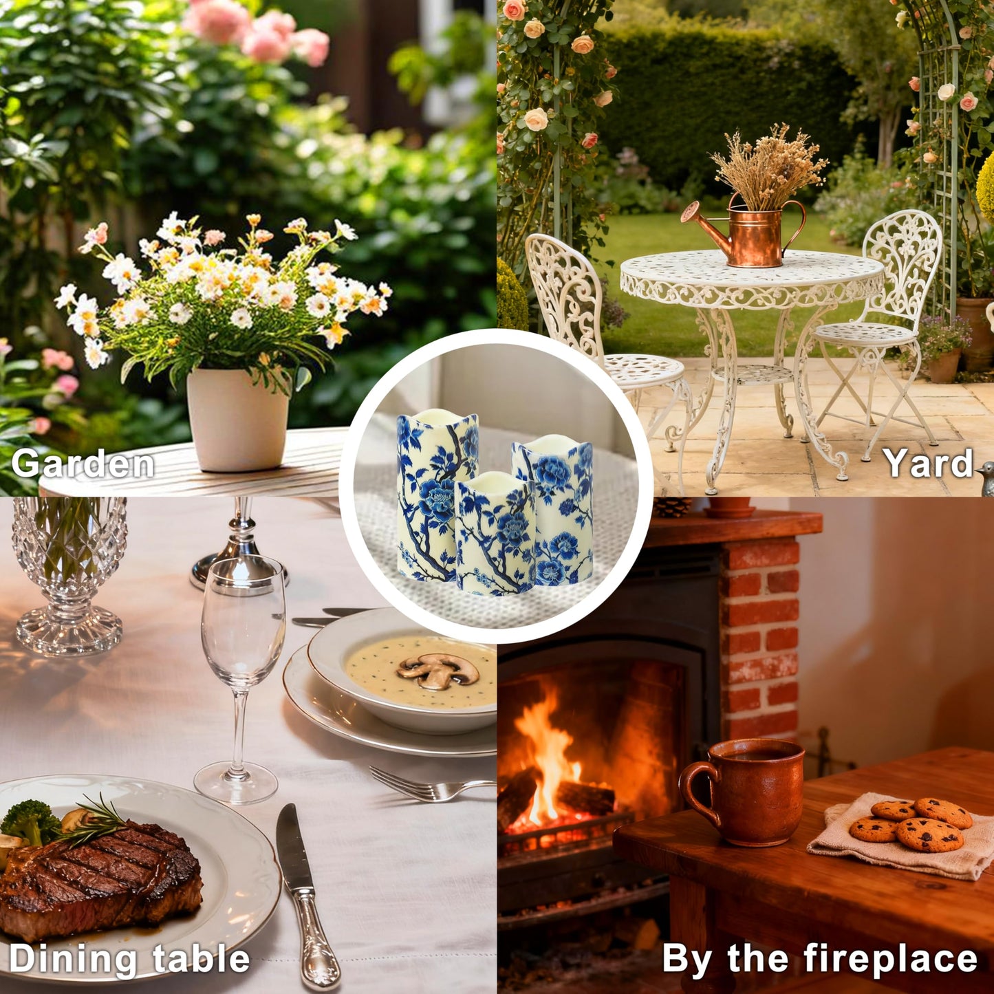 NjaoHoo Flameless Candles 4" 5" 6" Set of 3 Indoor Outdoor Pillars Battery Operated Flickering Candles Include 10-Key Remote Timer Function 500+ Hours (Blue Floral Printed)
