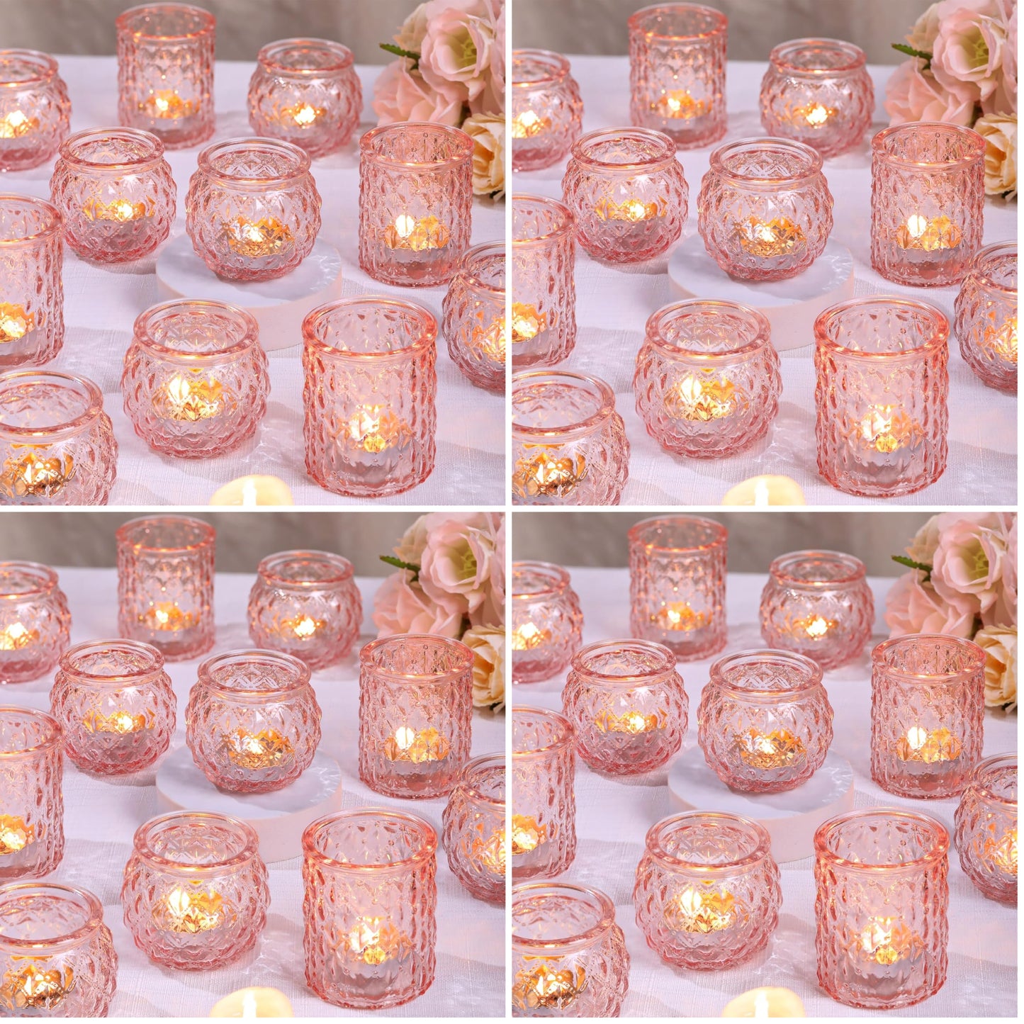 DARJEN Pink Votive Candle Holders Set of 24- Round Glass Candle Holders Bulk for Flameless LED Tea Waxes, Romantic Candle Holder for Wedding & Various Parties, Home Table Decor (Pack of 4)
