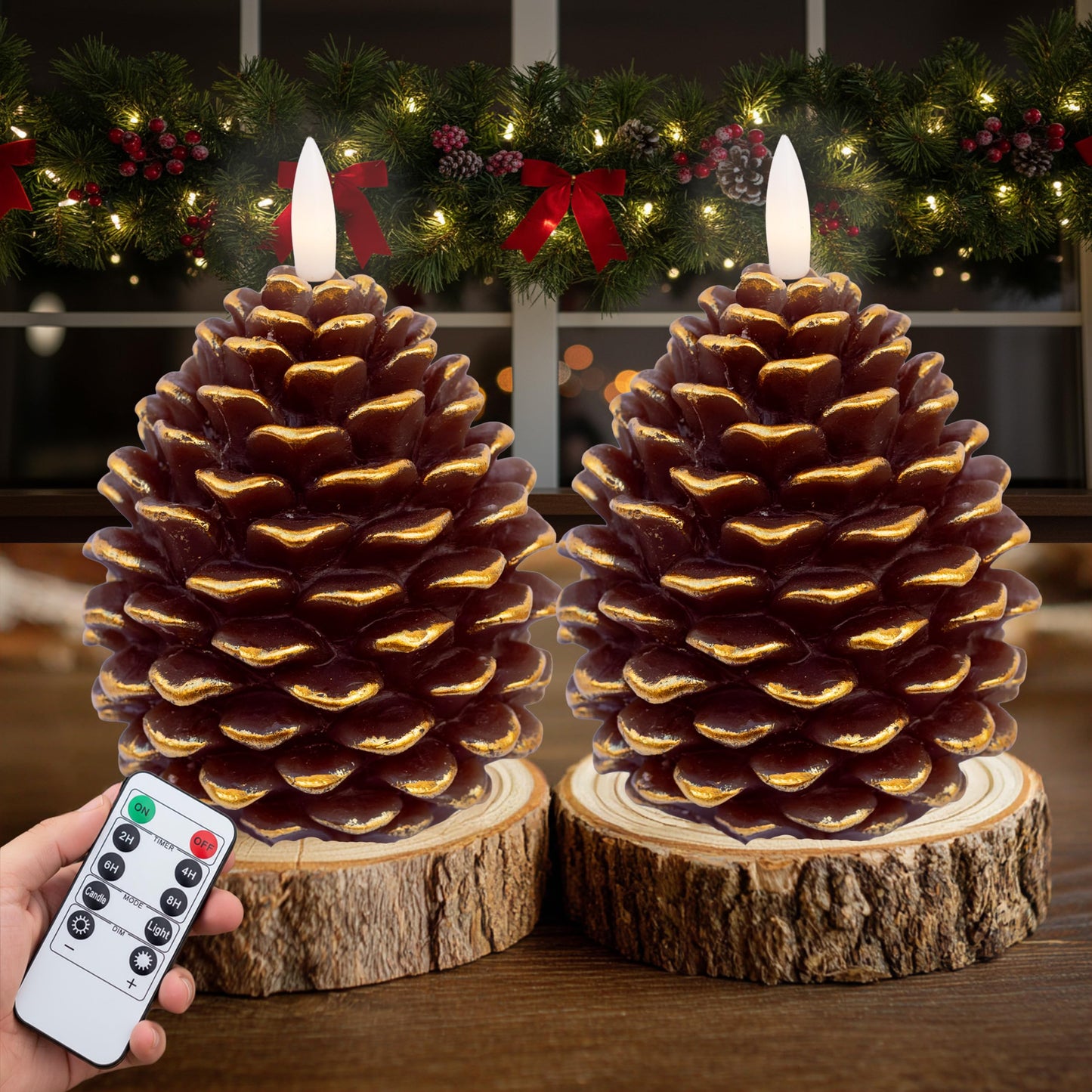AXYLEX Pine Cone Candles Battery Operated, Pinecones with Remote and Timer, LED Flameless Real Wax Flickering Candle for Christmas Decor. H 5.5 Inch, Pack of 2 (Golden-Brown)