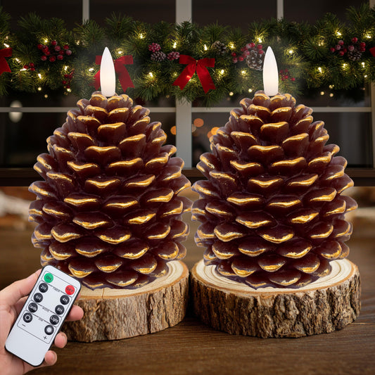 AXYLEX Pine Cone Candles Battery Operated, Pinecones with Remote and Timer, LED Flameless Real Wax Flickering Candle for Christmas Decor. H 5.5 Inch, Pack of 2 (Golden-Brown)