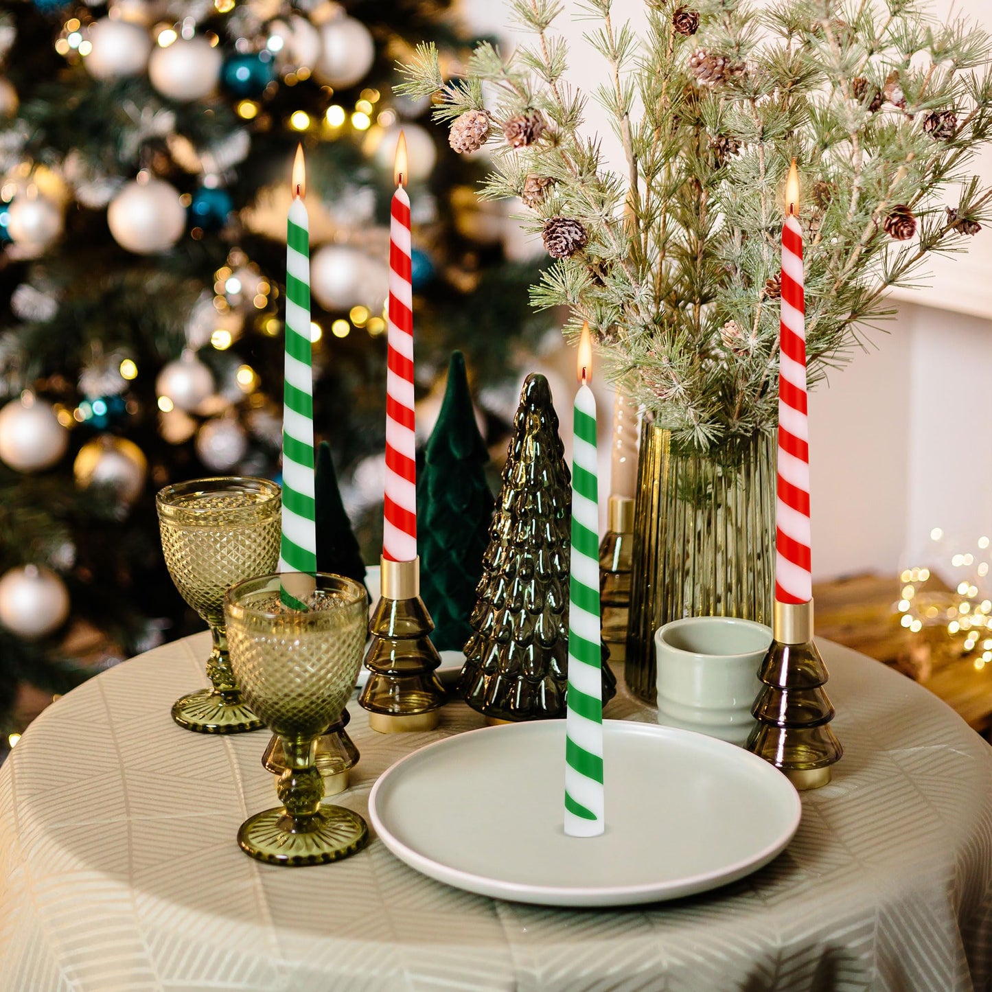 EBaokuup 6 Pcs Christmas Stripe Taper Candles,10 Inch Candy Cane Taper Candles,Red Green Christmas Decorative Tree Candles for Home Table Decor Wedding Party Centerpiece