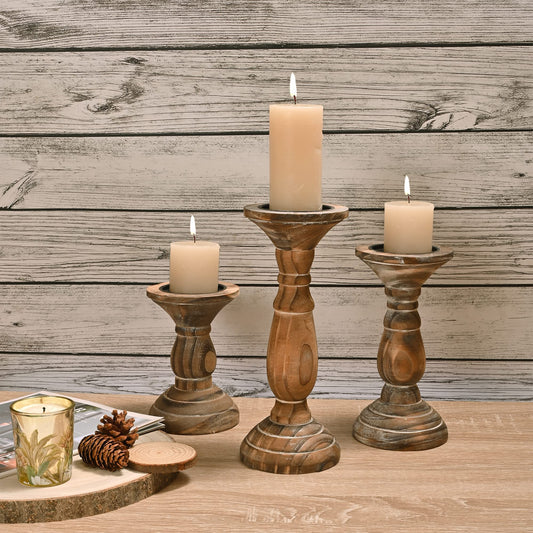 Yorkmills Pillar Candle Holder Set of 3, Farmhouse Decor Living Room Tall Candle Holders for Pillar Candles, Wood Candle Holders for Table Centerpieces Brown Home Decor Kitchen Dining Room Table Decor