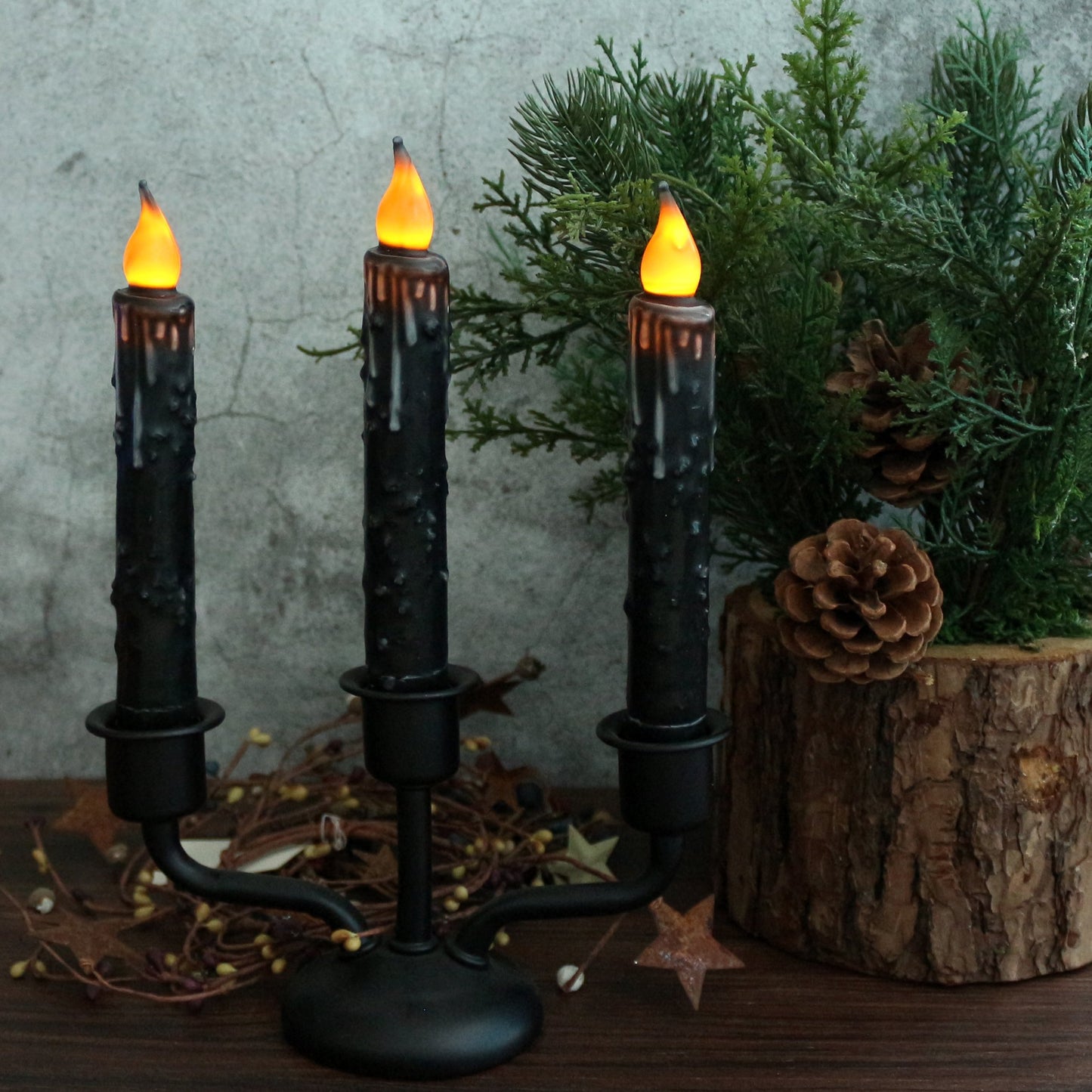 CVHOMEDECO. Real Wax Hand Dipped Battery Operated LED Timer Taper Candles Rustic Primitive Flameless Lights Décor, 6-3/4 Inch, Matt Black, 6 PCS in a Package