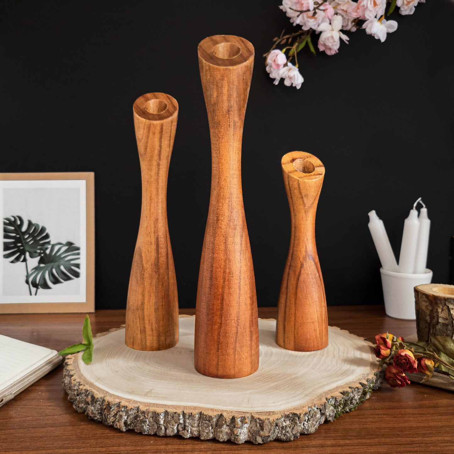 OLEEK Wooden Taper Candle Holders - Woods Taper Candle Holders for Table Centerpiece - Wood Candlestick Holders (9", 8", 6") Wooden Candlestick Holder for 7/8" candlesticks - Candlestick Holders Wood