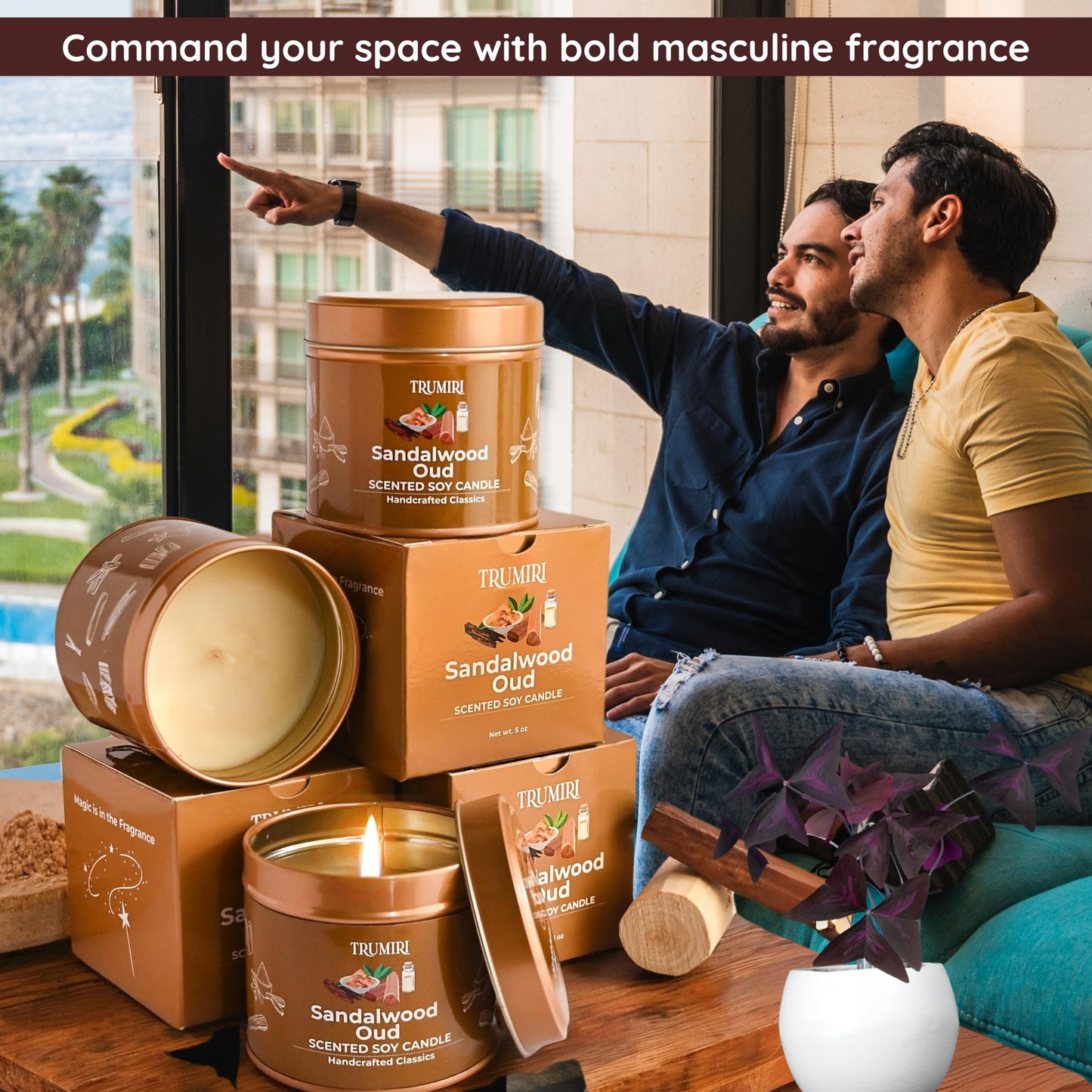 Sandalwood Oud - Scented Candles for Men - Pack of 3 x 5oz Natural Soy Clean Organic Non Toxic - Masculine Scent Gifts - Candel for Home Bedroom Bathroom Apartment Room Décor - New House Essentials