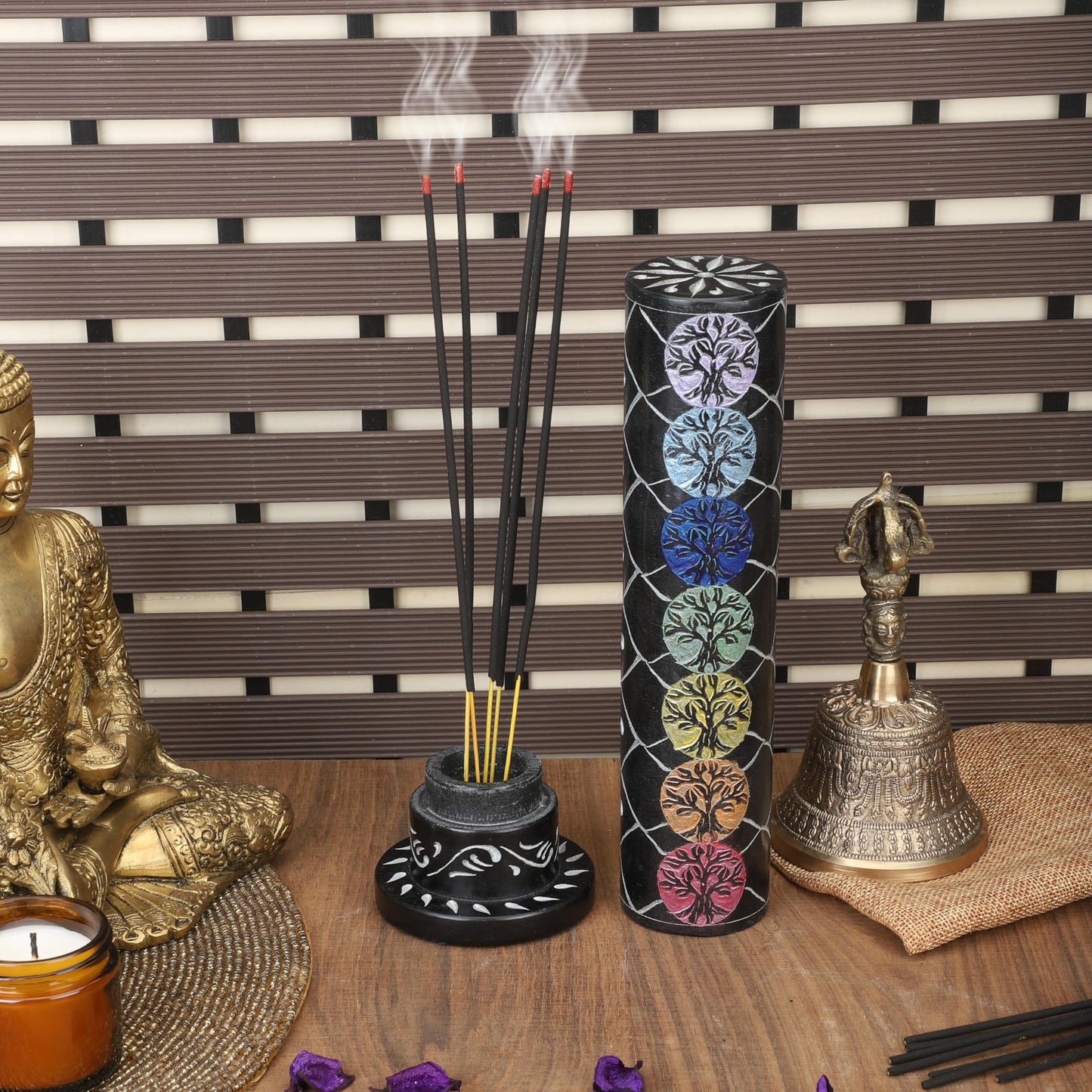Ajuny Marble Incense Stick Tower Burner Tree of Life Carving Round Tealight Candle Stand Black Incense Stick Holder with Ash Catcher for Yoga Meditation Fragrance Home and Office Décor (10.5 Inch)