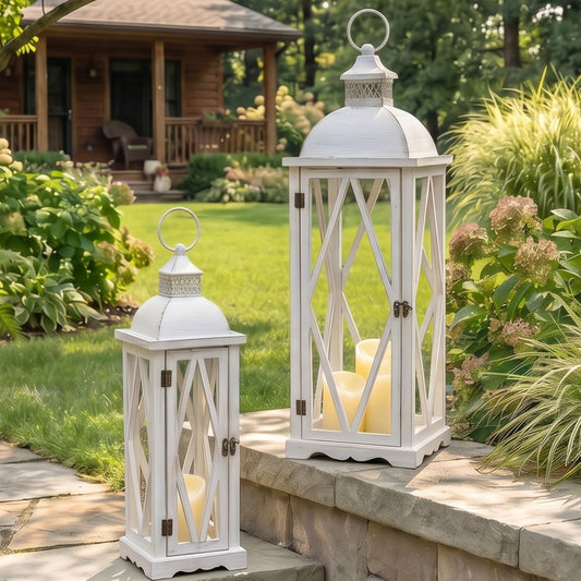 Perfnique Farmhouse Outdoor Lanterns for Patio, Set of 2 White Rustic Lanterns Decor, Vintage Hanging Candle Holder Decorative for Porch, Garden, Yard, Indoor (No Glass)